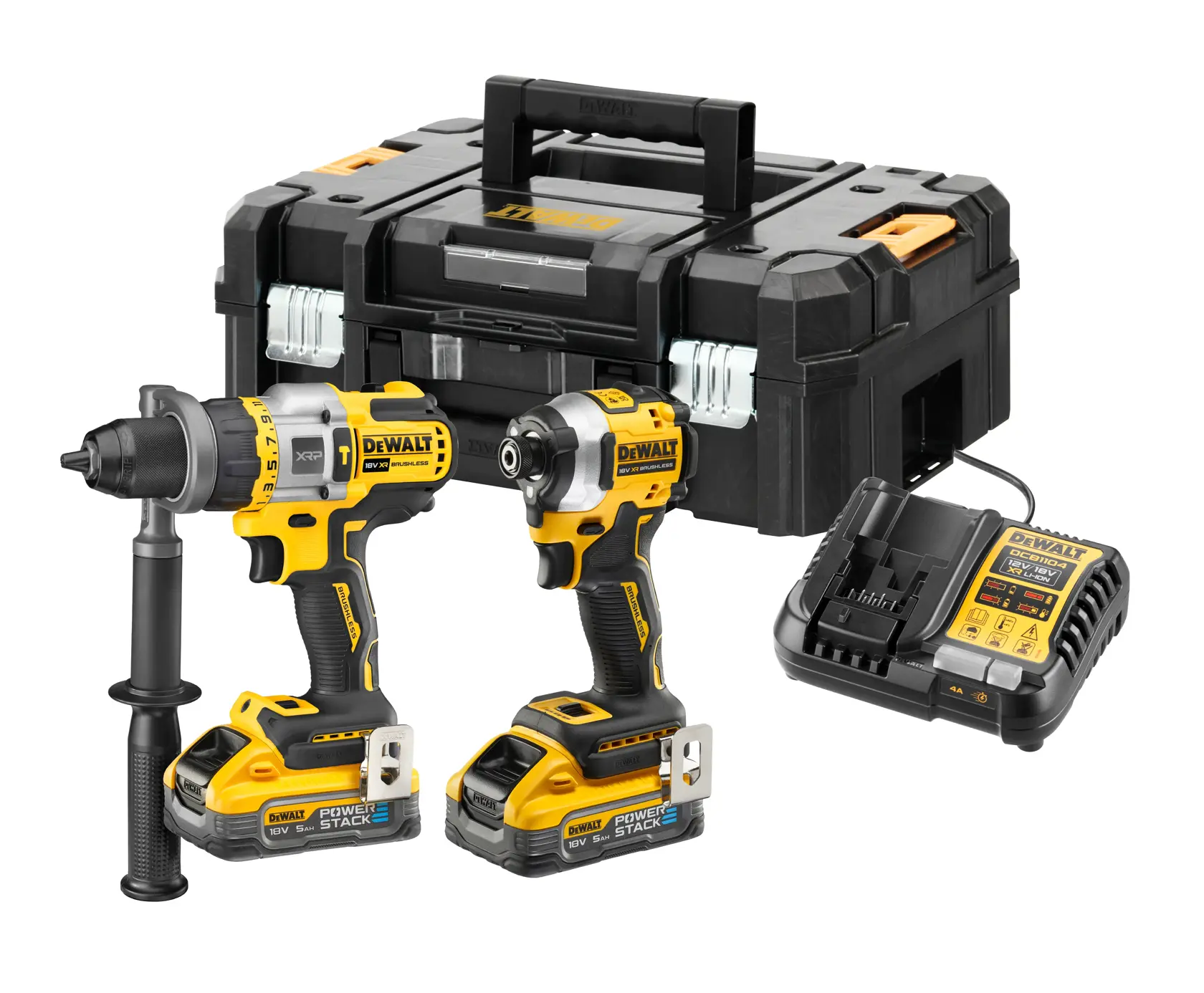 DEWALT tool kit including a cordless drill, impact driver, charger, batteries, and a black and yellow carrying case.