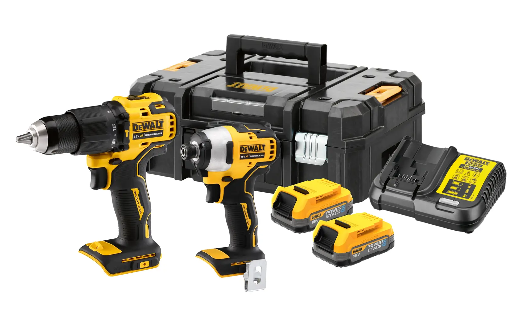 DEWALT DCK2062E2T cordless drill and impact driver set with batteries, charger, and case, front angle.