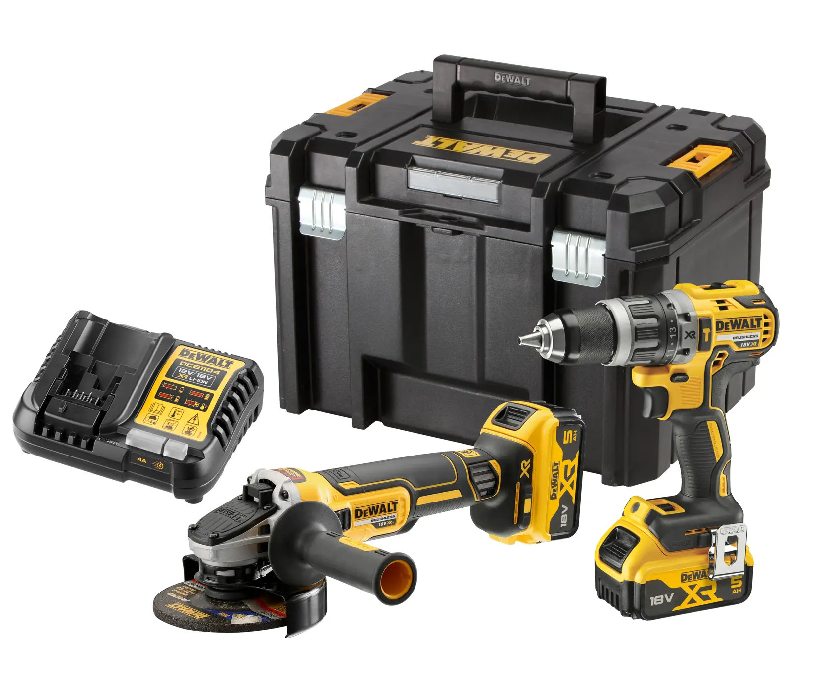 DEWALT tool kit with storage box, cordless drill, grinder, batteries and charger.