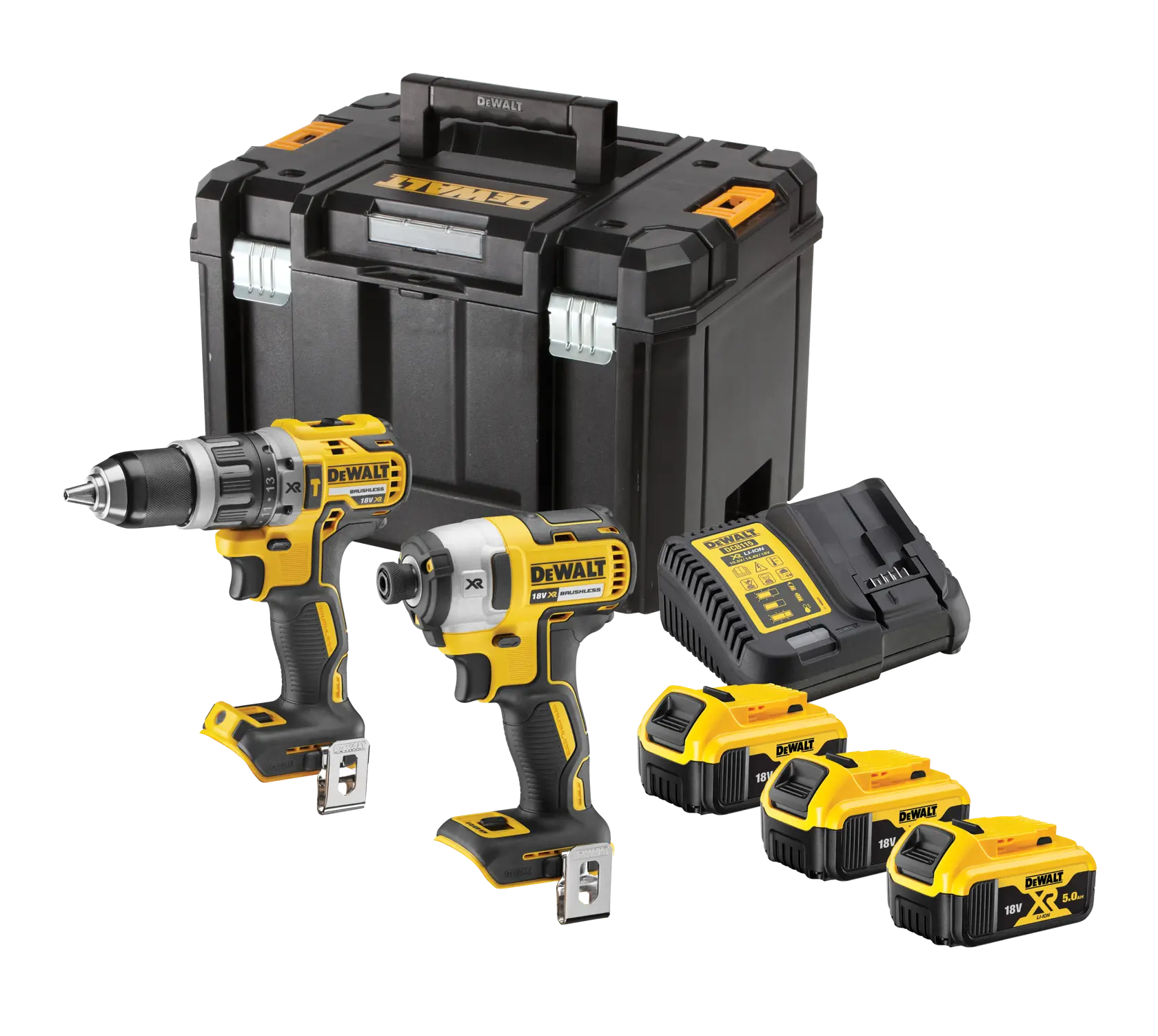 DEWALT tool kit with drill, impact driver, 3 batteries, charger, and storage box.