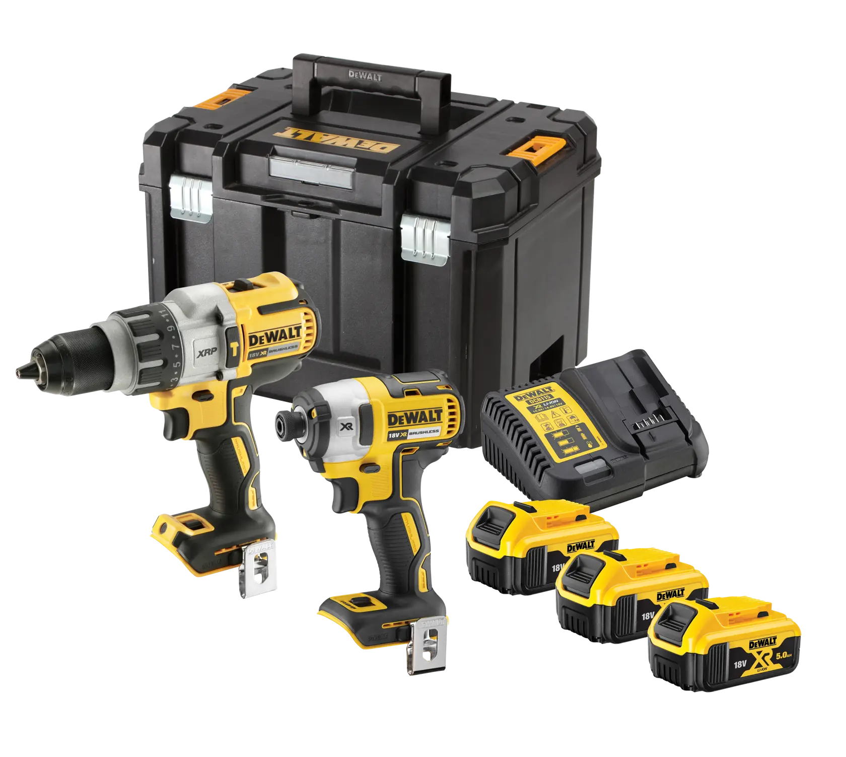 DEWALT cordless tool kit with drill, impact driver, charger, three batteries and carrying case.