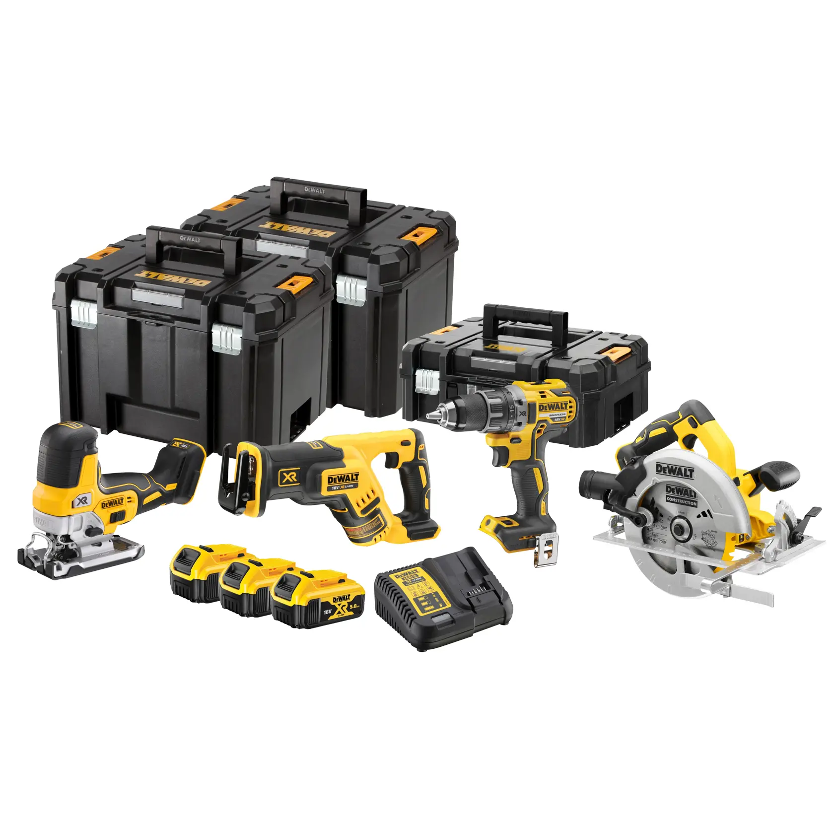 A DEWALT tool kit featuring four cordless power tools, three black and yellow storage cases, three rechargeable batteries, and a battery charger. The set includes a jigsaw, reciprocating saw, drill driver, and circular saw.