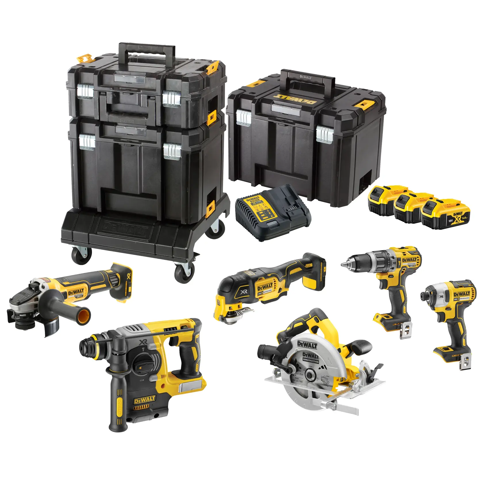DEWALT tool kit DCK685P3T with power tools, batteries, charger, and storage cases.