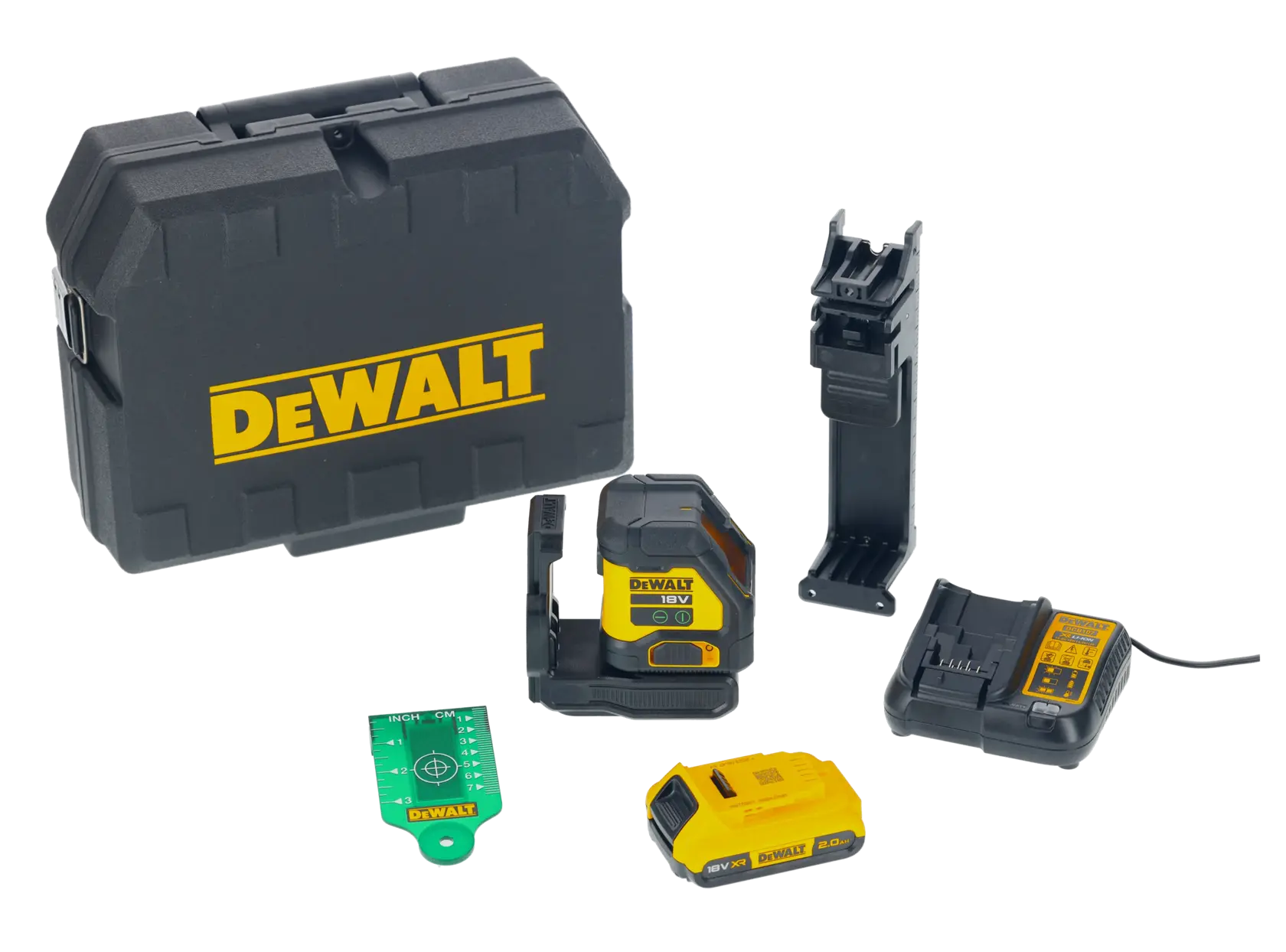 DEWALT photography device, 18V, shown with battery. SKUs: DCLE34021D1, DCLE34021D1-QW.