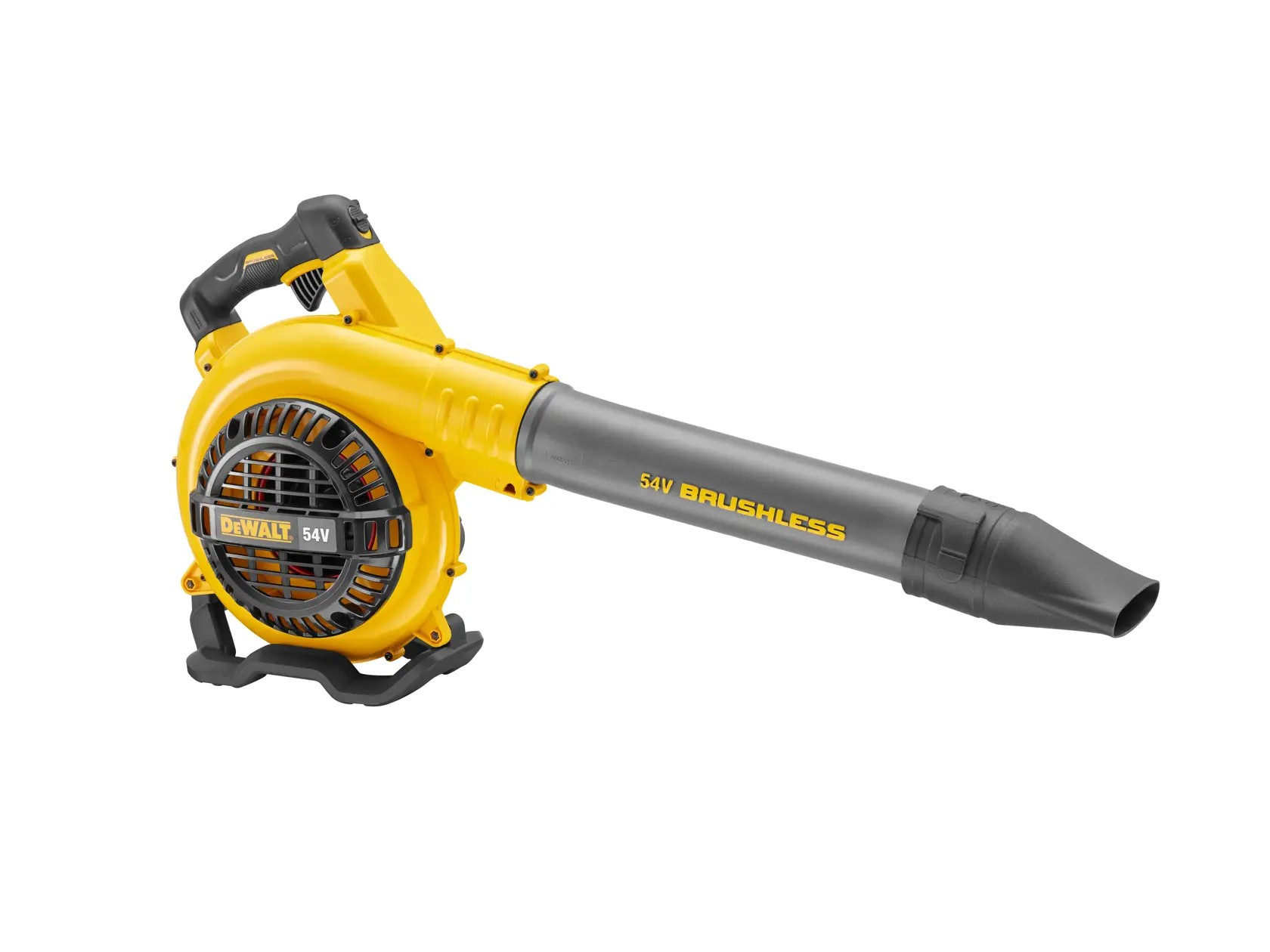 Yellow and black DEWALT 54V brushless cordless blower with ergonomic handle and extended nozzle.