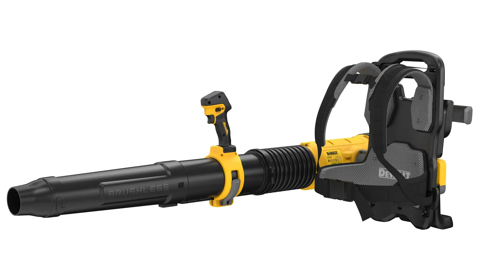 DEWALT blower, SKUs DCMBBL800N-XJ, DCMBBL800N. Photography category. Black and yellow backpack tool.