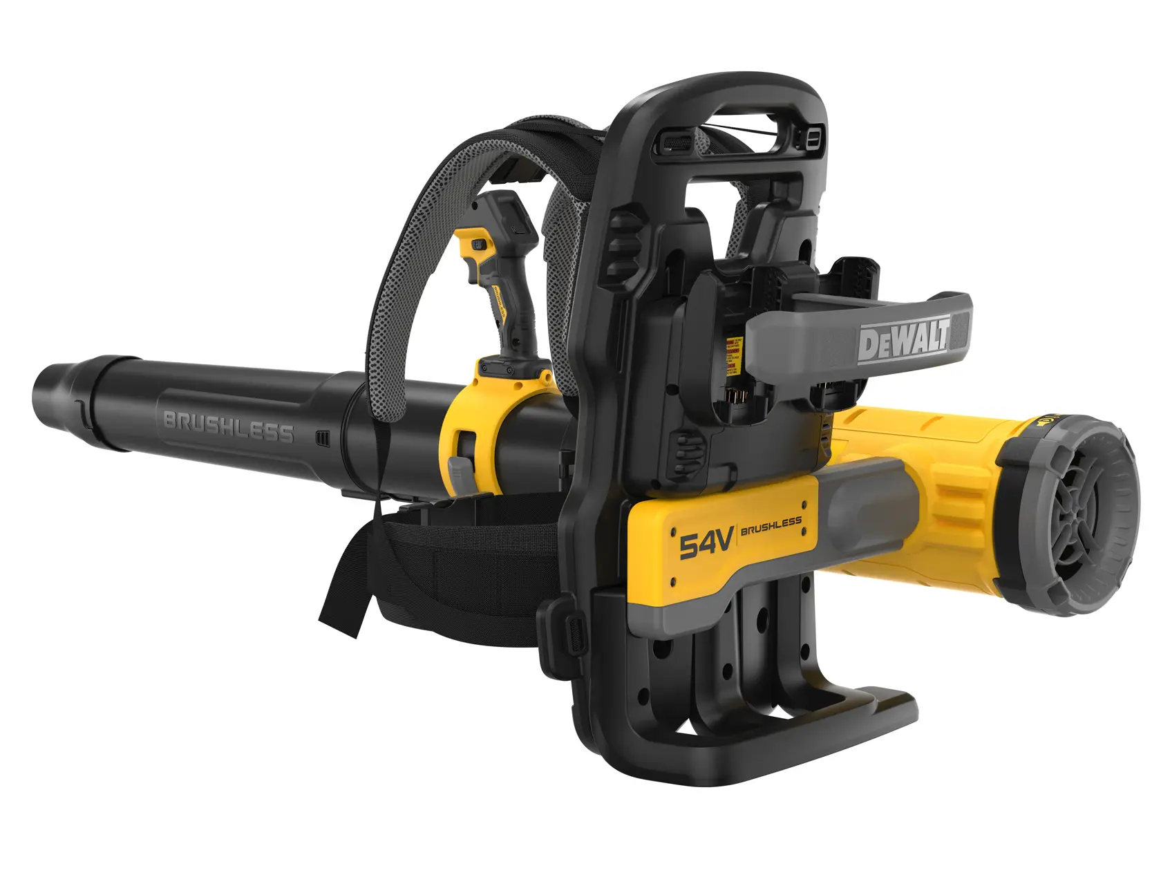 DEWALT soplador 54V, foto de producto. DCMBBL800N-XJ, DCMBBL800N. Tipo mochila, amarillo/negro.