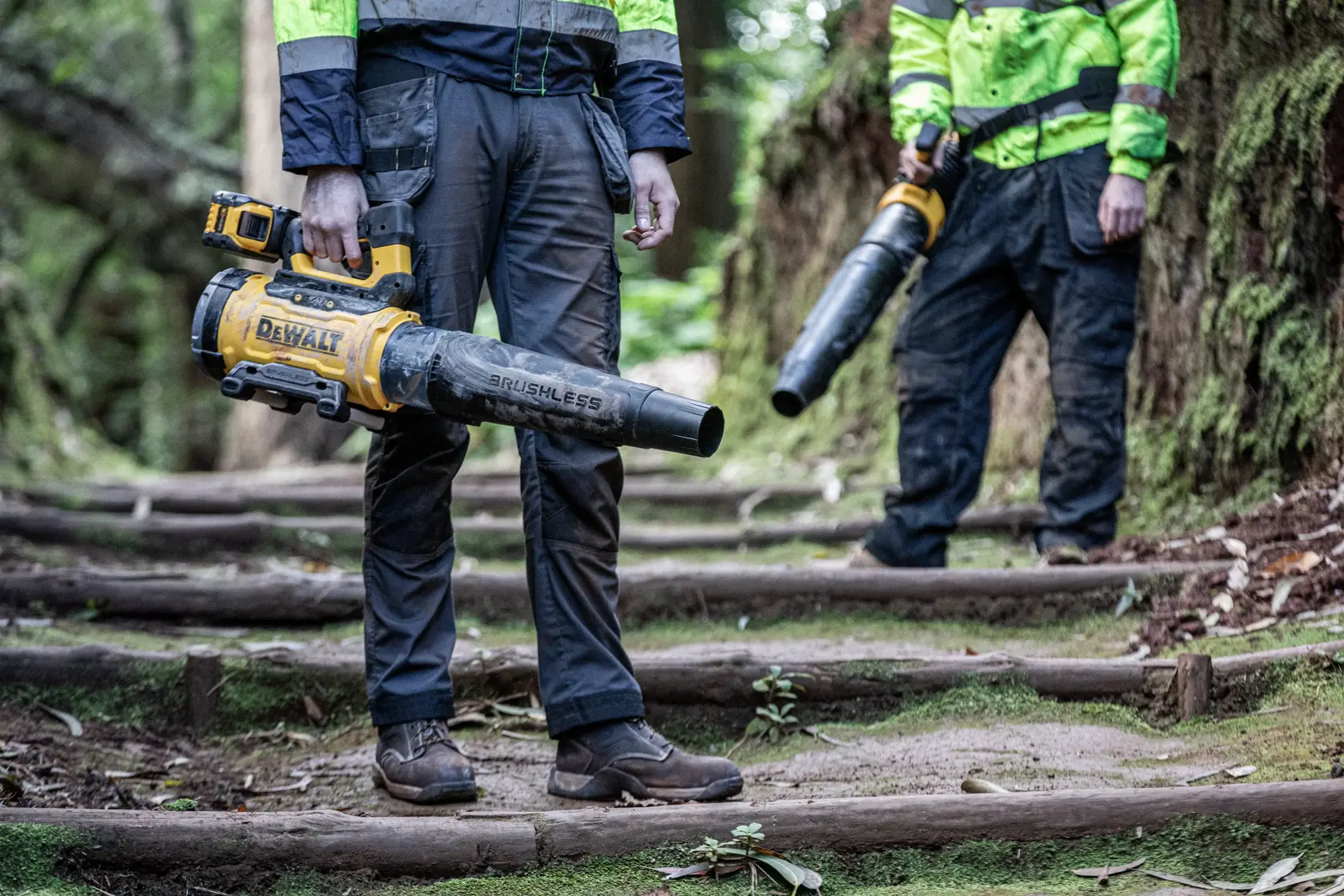 DEWALT DCMBBL800N-XJ, DCMBBL800N sopladores de hojas sostenidos por dos personas en escalones al aire libre.