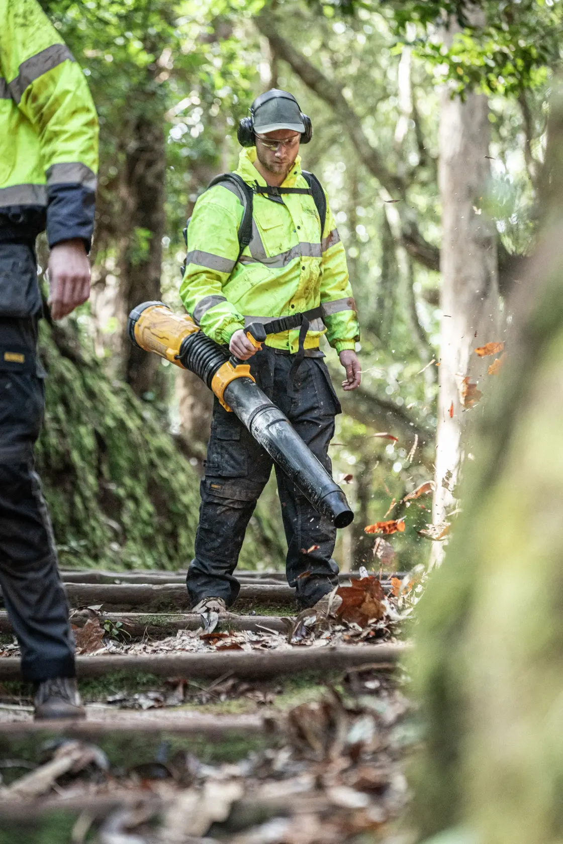 Trabajador usa DEWALT DCMBBL800N-XJ, DCMBBL800N soplador exterior. Categoría Fotografía.