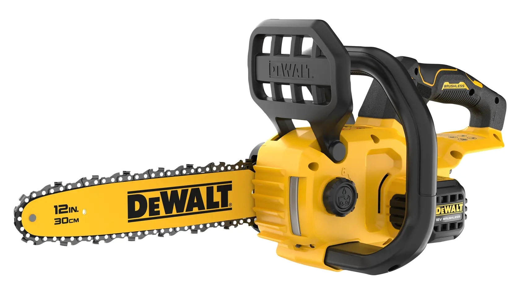 DEWALT chainsaw, yellow and black, 12in, SKUs DCMCS565N, DCMCS565N-XJ. Product category: Photography.
