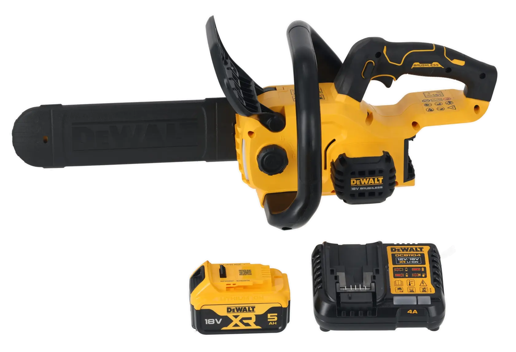 DEWALT chainsaw, 12in/30cm, model DCMCS565P1-QW and DCMCS565P1, yellow-black, on white background.