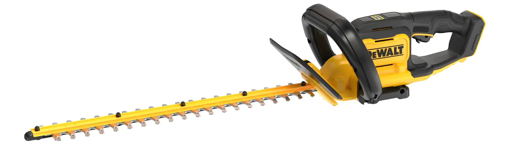 DEWALT cordless hedge trimmer with yellow and black body, ergonomic handle, and long blade.