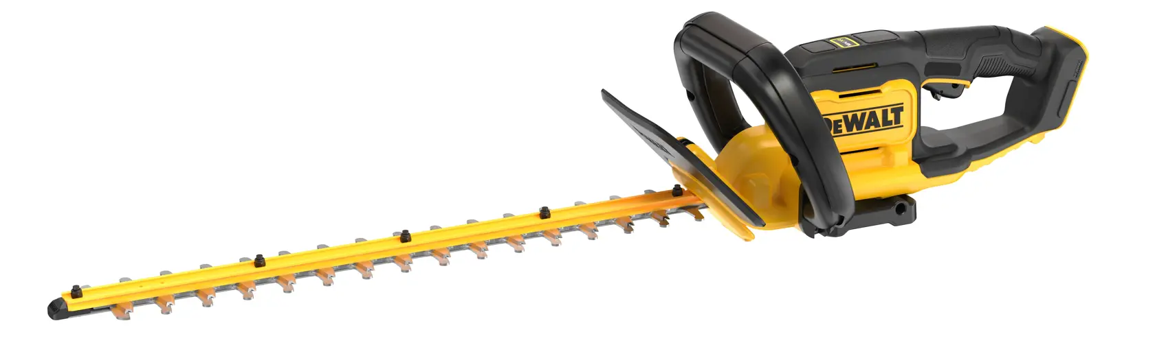 Yellow and black DEWALT cordless hedge trimmer with long blade and ergonomic handle shown on white background.