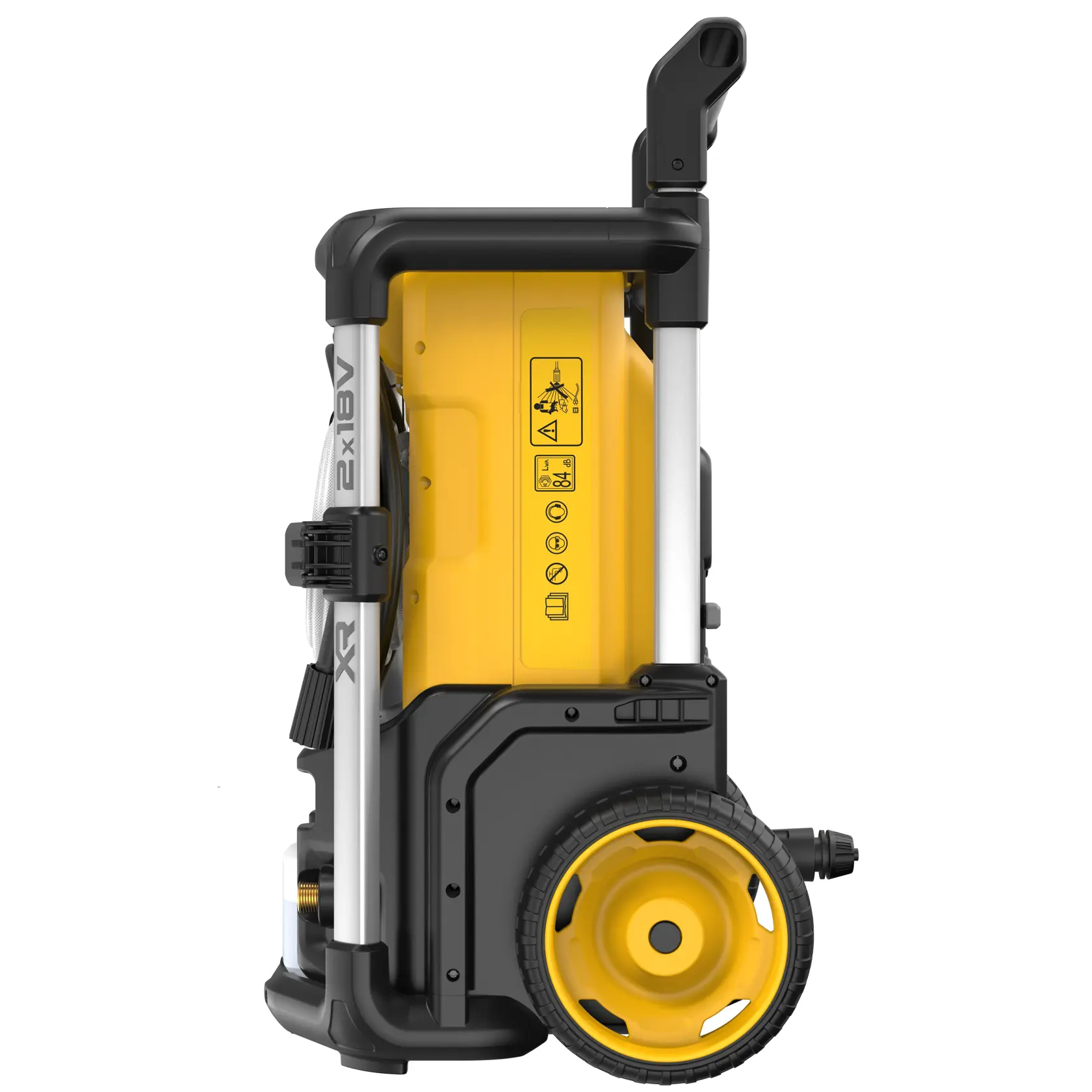 Vista lateral de una hidrolavadora portátil DEWALT DCMPW1600 con diseño amarillo y negro, ruedas grandes y asa para fácil transporte.