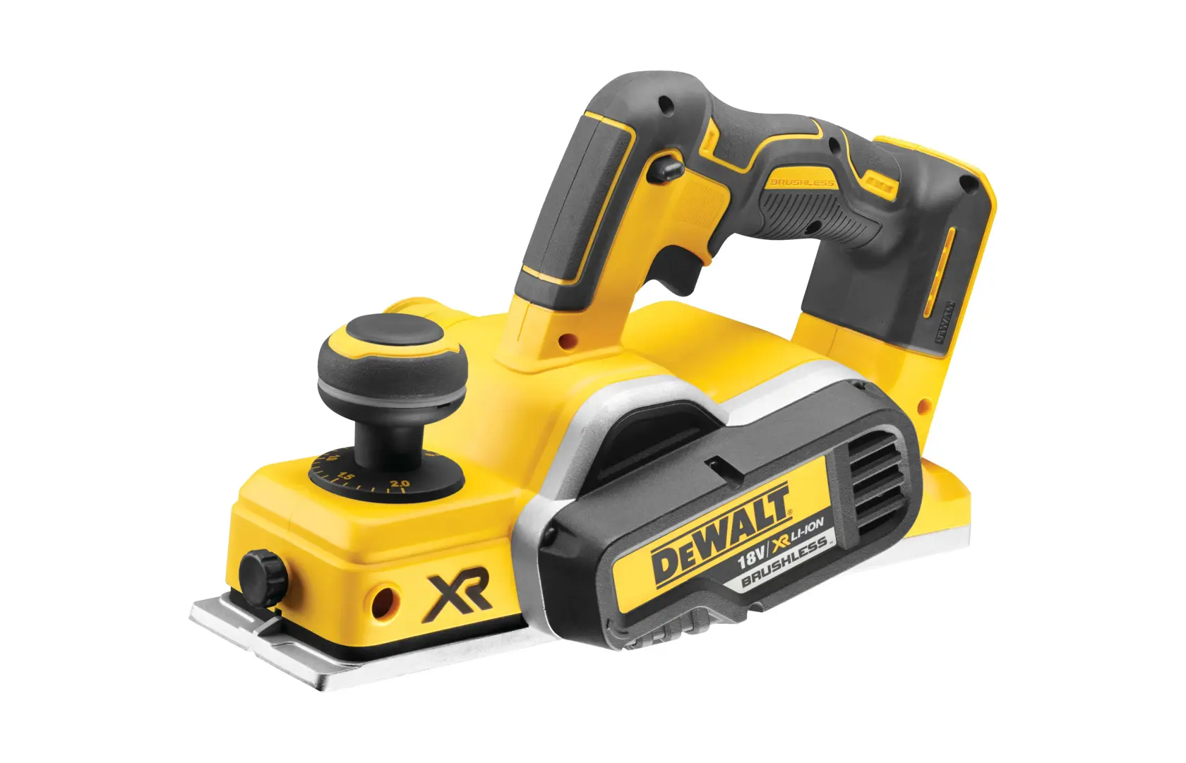 Photo of DEWALT cordless planer, yellow-black, angled view. SKUs: DCP580N-XE, DCP580N, DCZ1001X2-XE.
