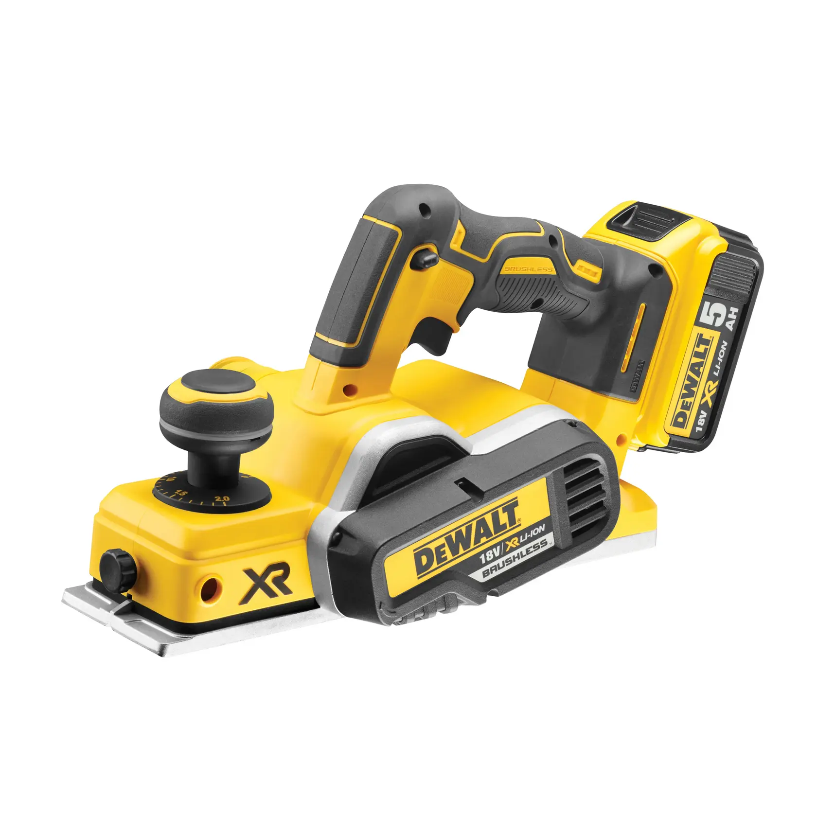 Photo of DEWALT DCP580P2 cordless planer, yellow and black, side angle on white background.