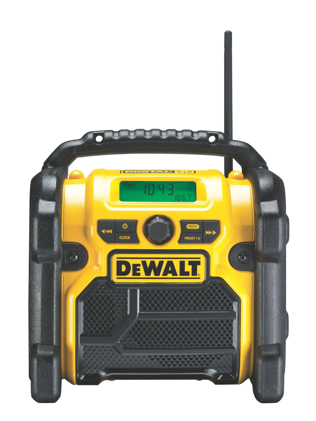 DEWALT portable yellow radio with handle, digital display, and control buttons on the front.