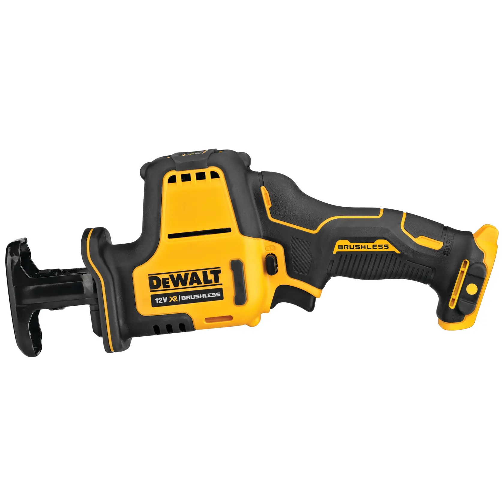 Photo of DEWALT DCS312N yellow and black cordless brushless reciprocating saw, side view, white background.