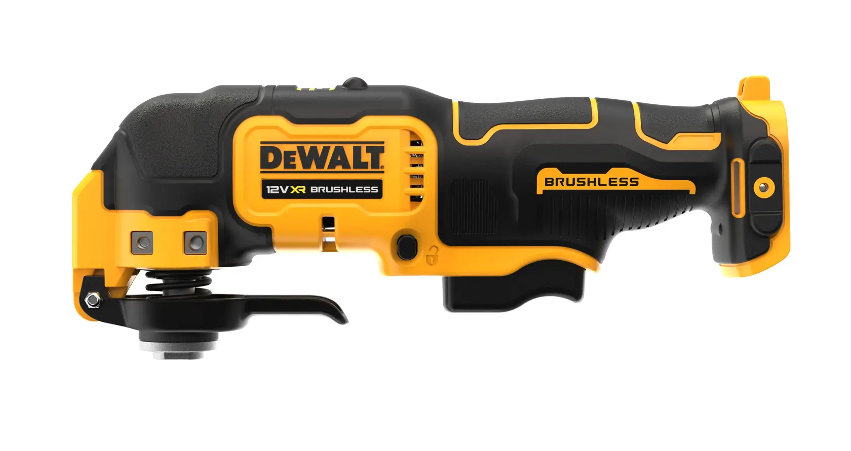 DEWALT DCS353N 12V XR brushless multitool, yellow and black, side view on white background.