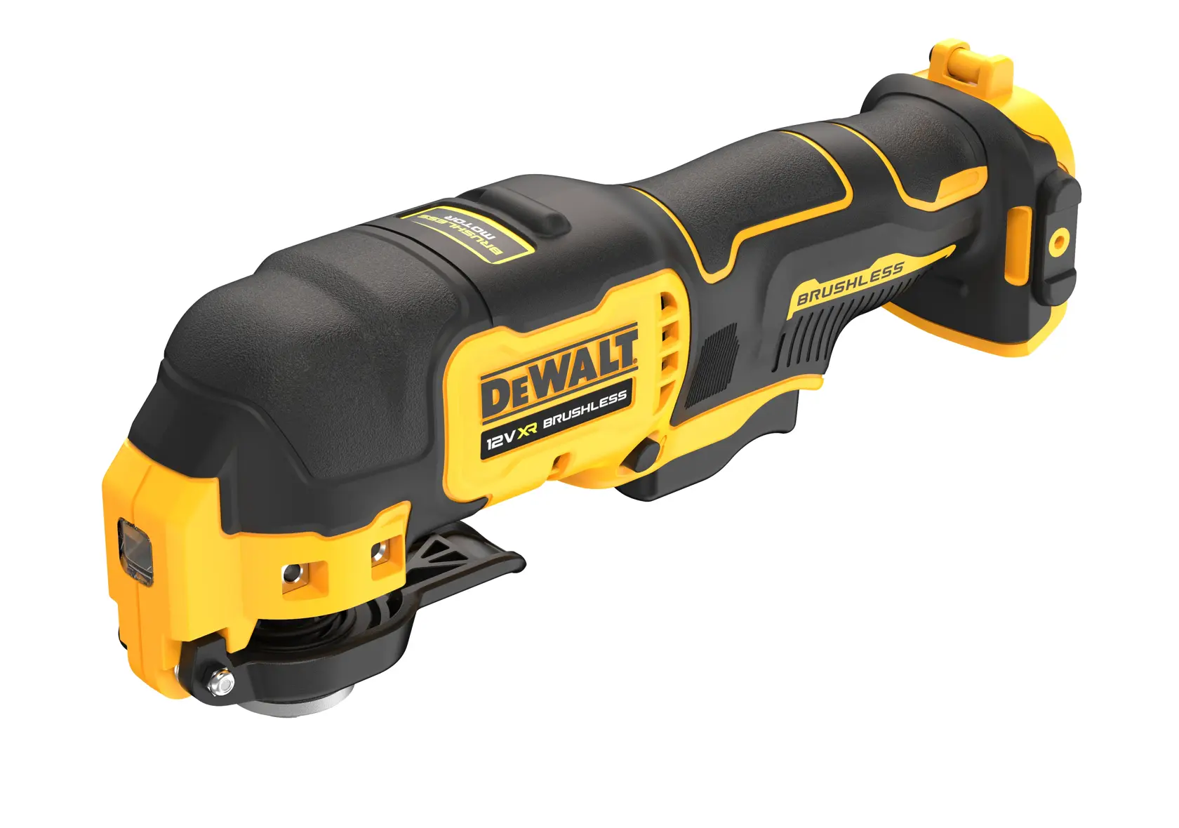 Cordless DEWALT oscillating multi-tool, brushless, black and yellow, shown on a white background.