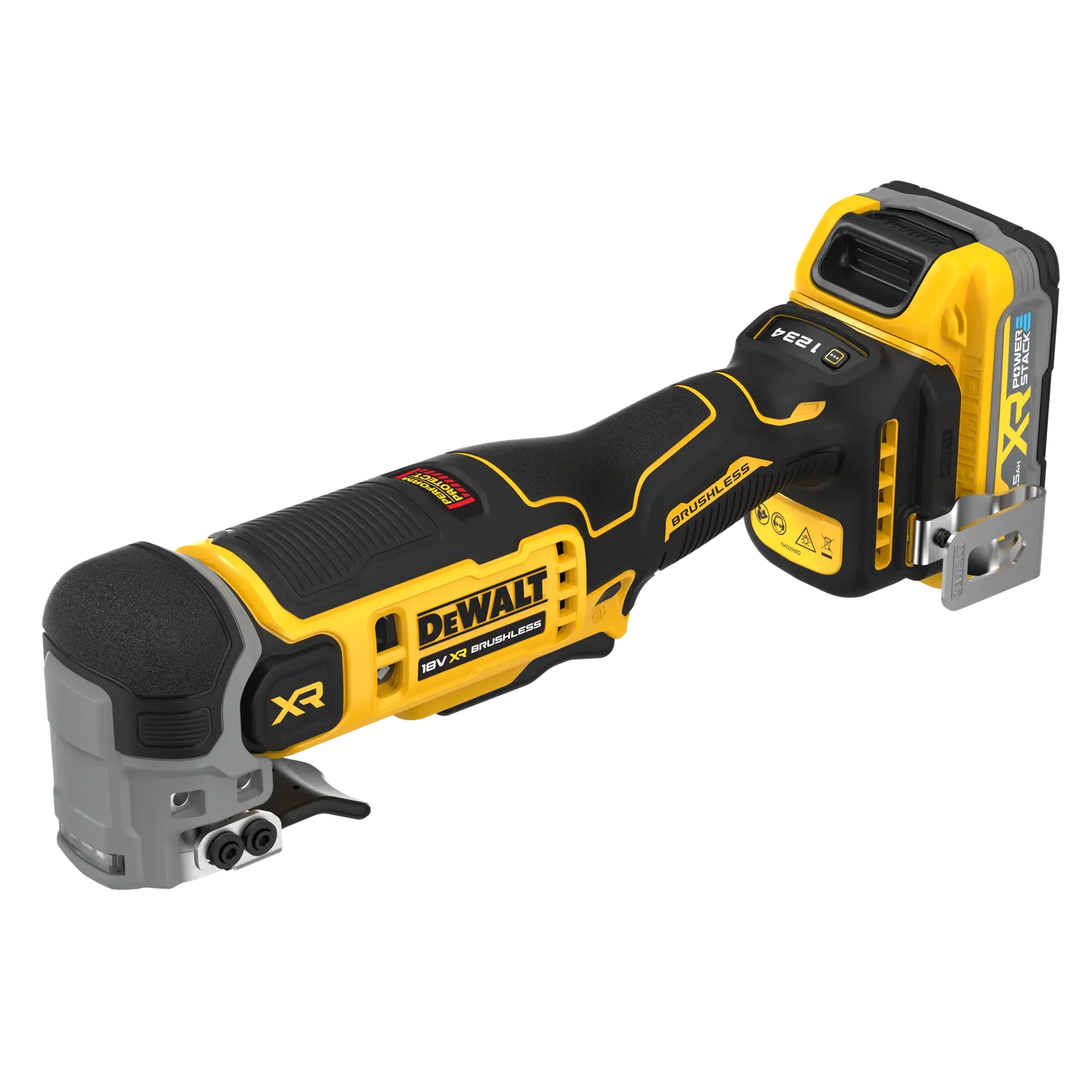 DEWALT 18V XR cordless brushless multi-tool with battery, shown in yellow and black.