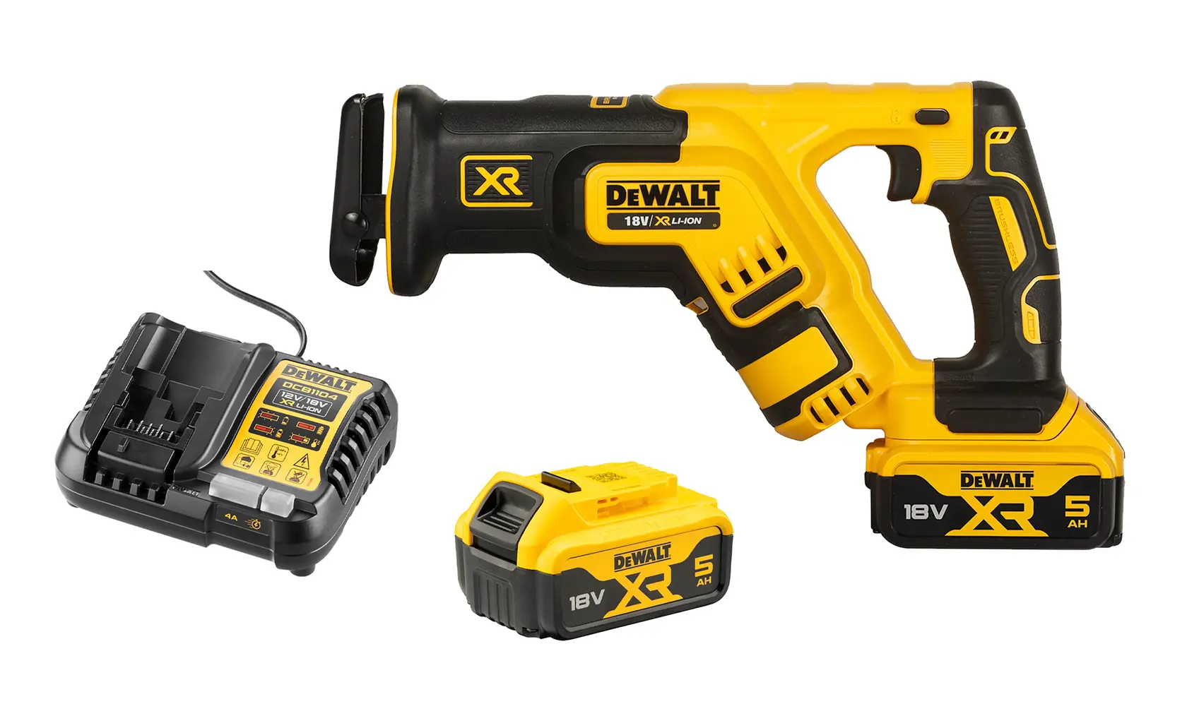 Photo of DEWALT DCS367P2 18V XR cordless reciprocating saw kit, includes battery and charger, front angle.