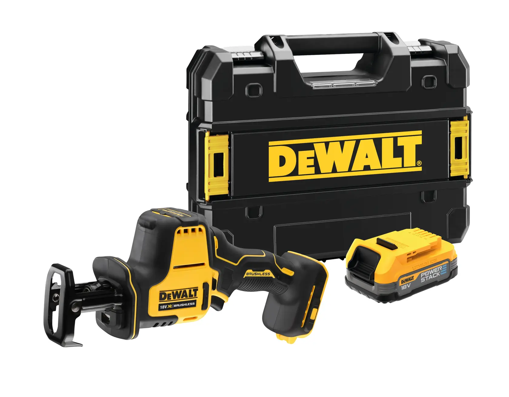 DEWALT cordless reciprocating saw set with case and battery, shown in black and yellow.