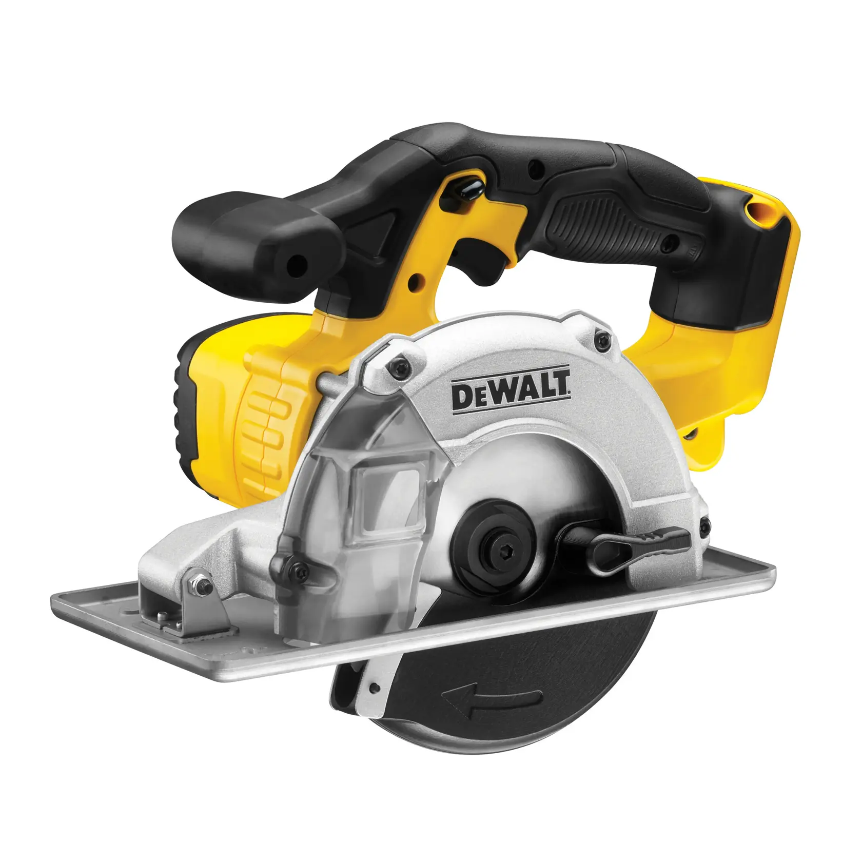 DEWALT cordless circular saw with black and yellow design, metal blade guard and ergonomic handle.
