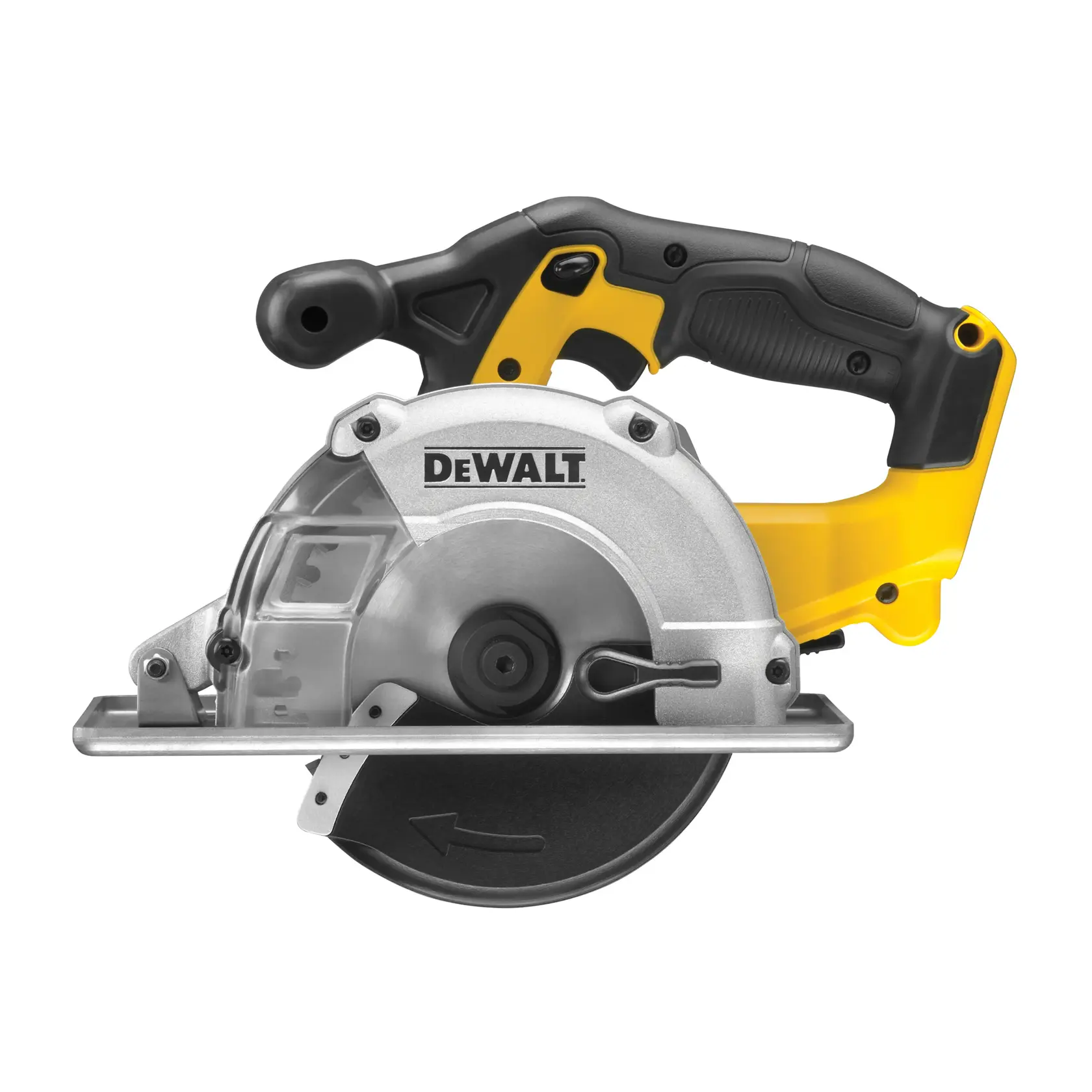 DEWALT cordless circular saw with black and yellow handle, used for cutting materials.