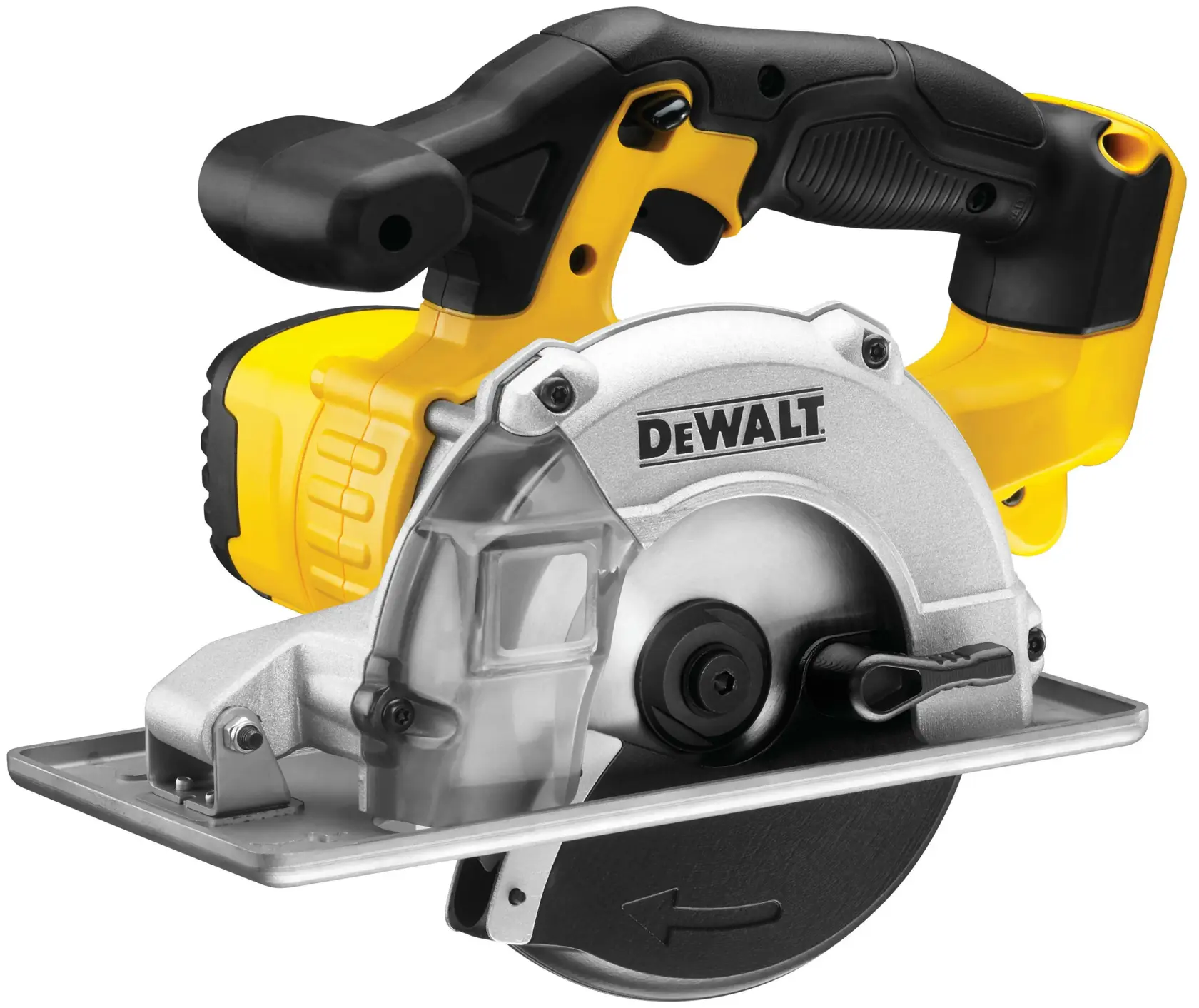 DEWALT cordless circular saw, yellow and black, side view, SKUs DCS373N-XJ, DCS373N, photography on white.