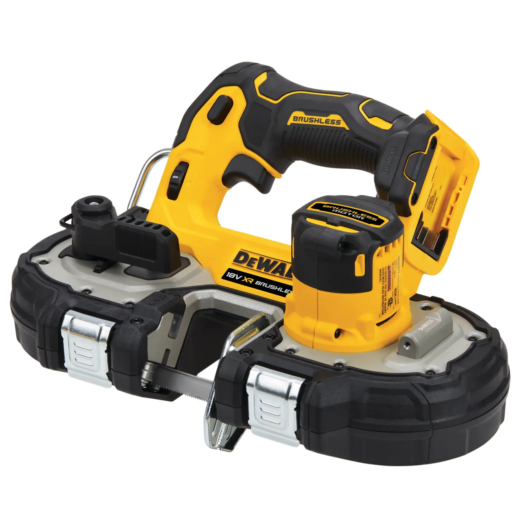 Photo of DEWALT DCS377NT cordless band saw, yellow and black tool shown at angled side view.