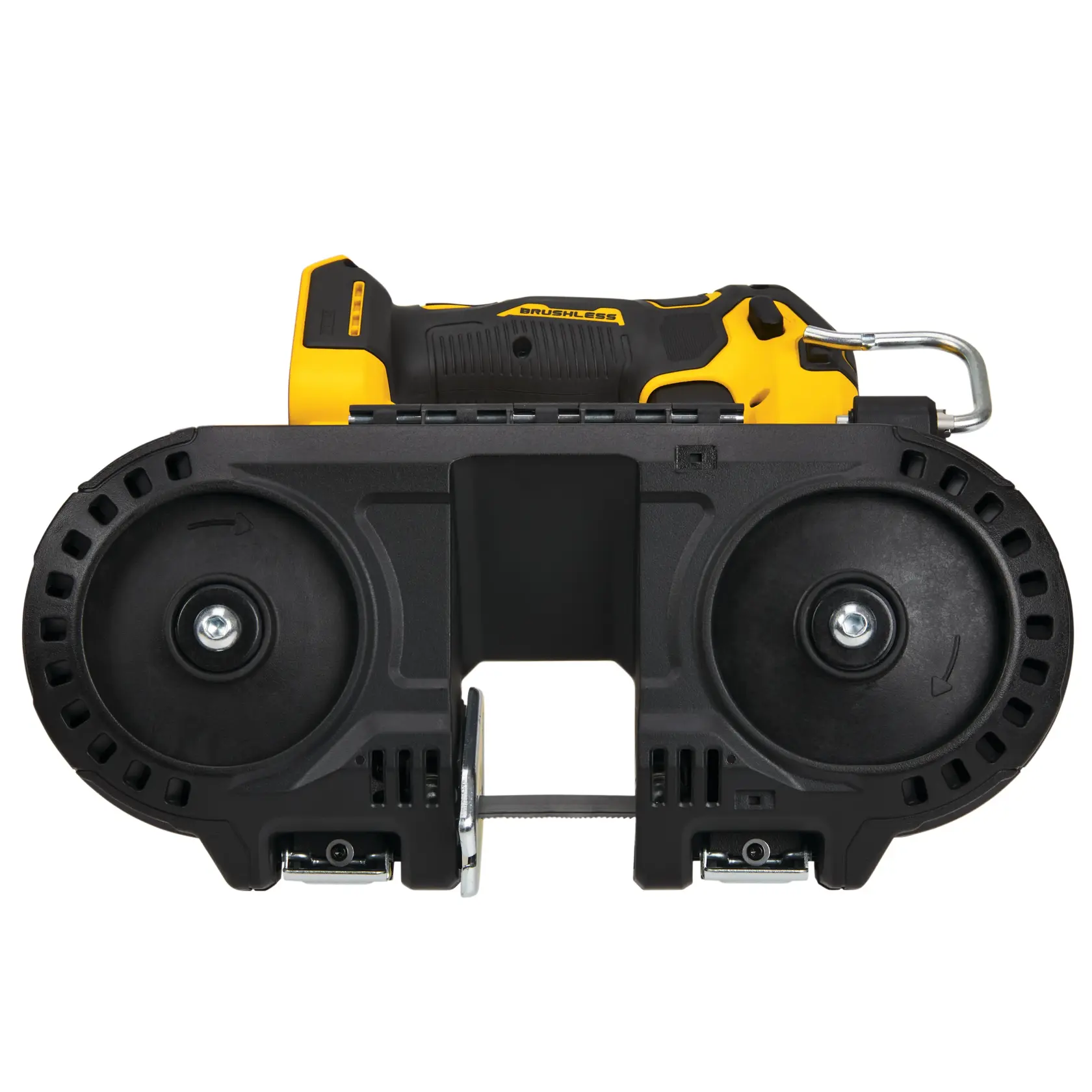 Photo of DEWALT DCS377NT portable band saw, SKU DCS377NT, black and yellow, front view on white background.