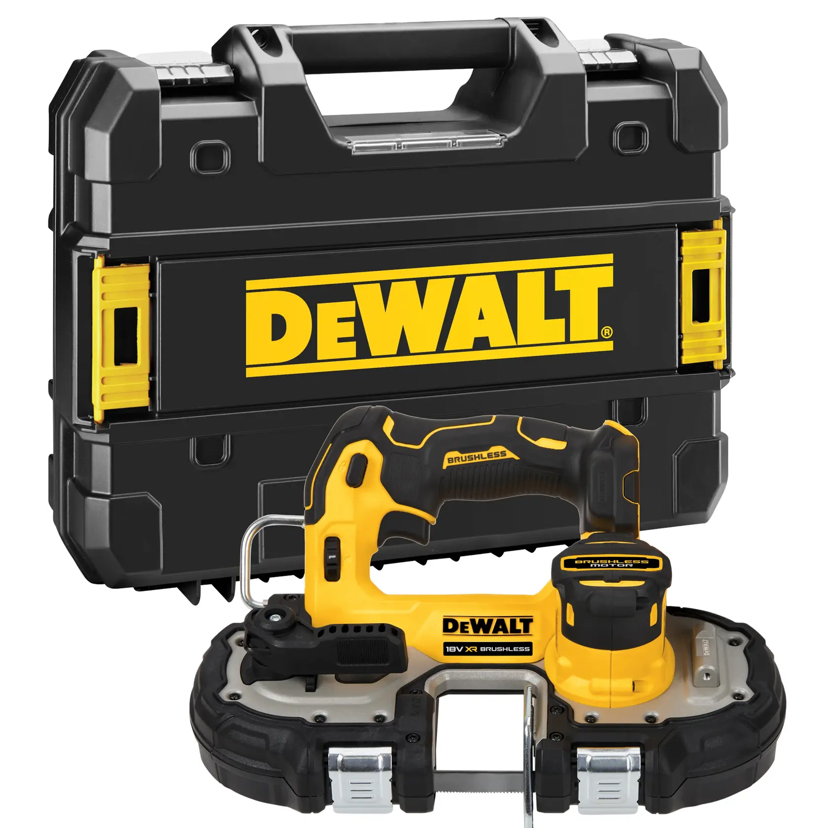 Photo of DEWALT DCS377NT cordless band saw with black-yellow hard case, front angle, tool category.