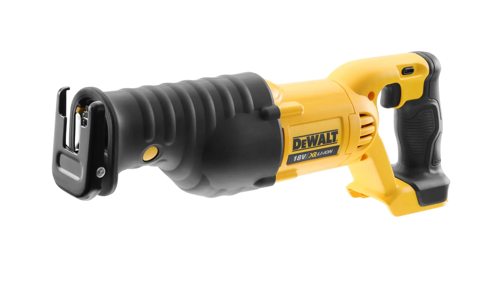 DEWALT cordless reciprocating saw, yellow and black, SKUs DCS380N-XJ, DCS380N, side angle photo on white.