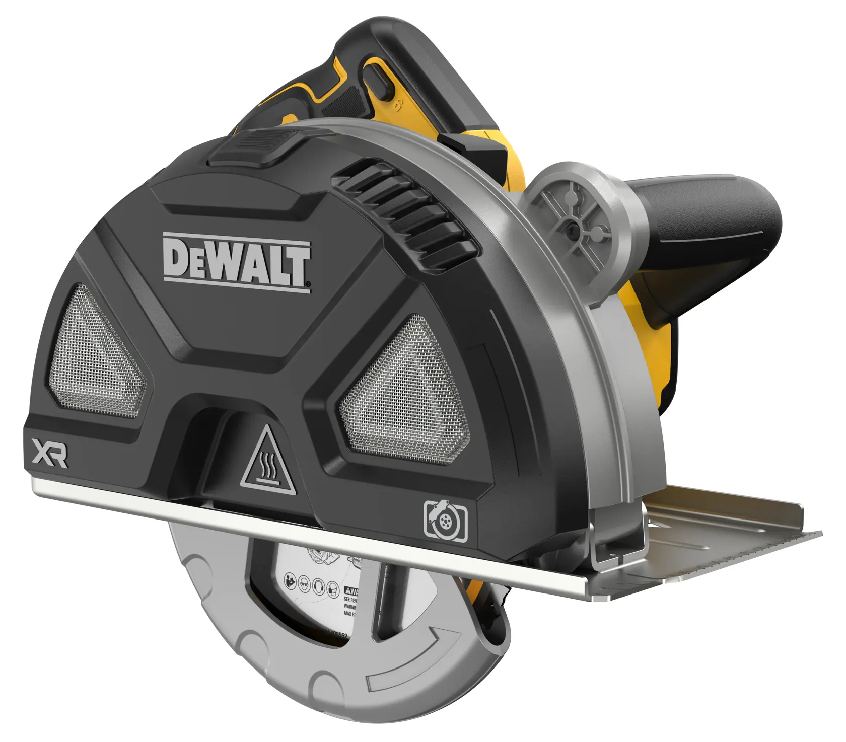 DEWALT saw, models DCS383N and DCS383N-XJ, with black cover and handle, photography product.