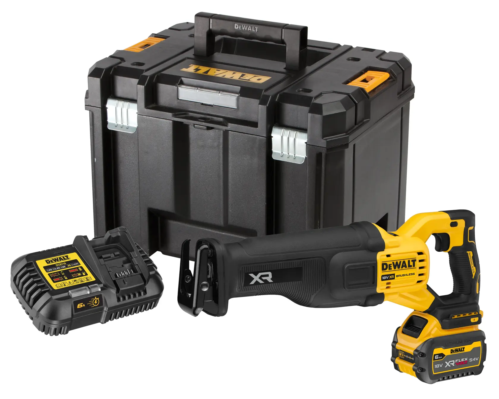 DEWALT cordless reciprocating saw kit including a yellow and black cordless reciprocating saw with battery, charger, and sturdy black carrying case.