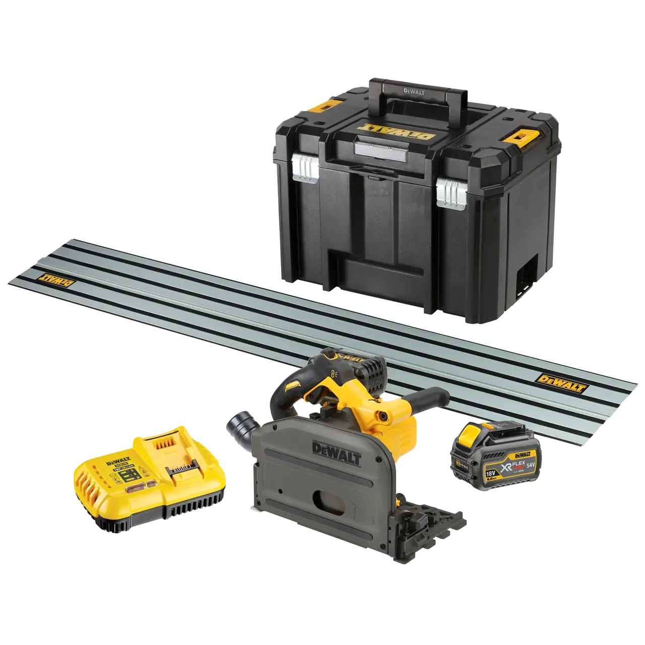 54V XR Flexvolt 165mm Invalzaag - 2x 6.0Ah accu en snellader + guide rail