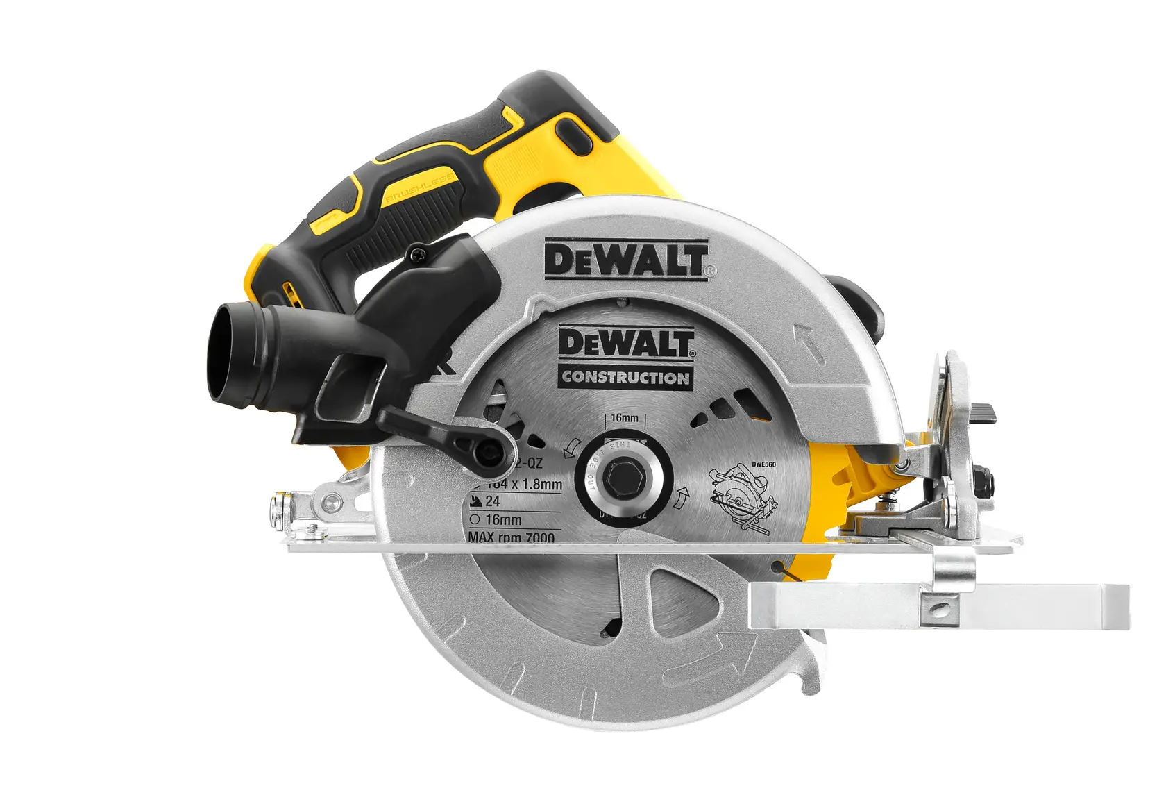 Photo of DEWALT circular saw, yellow/black, side view. SKUs: DCS570N, DCS570NT-XJ, DCS570NT. Photography.