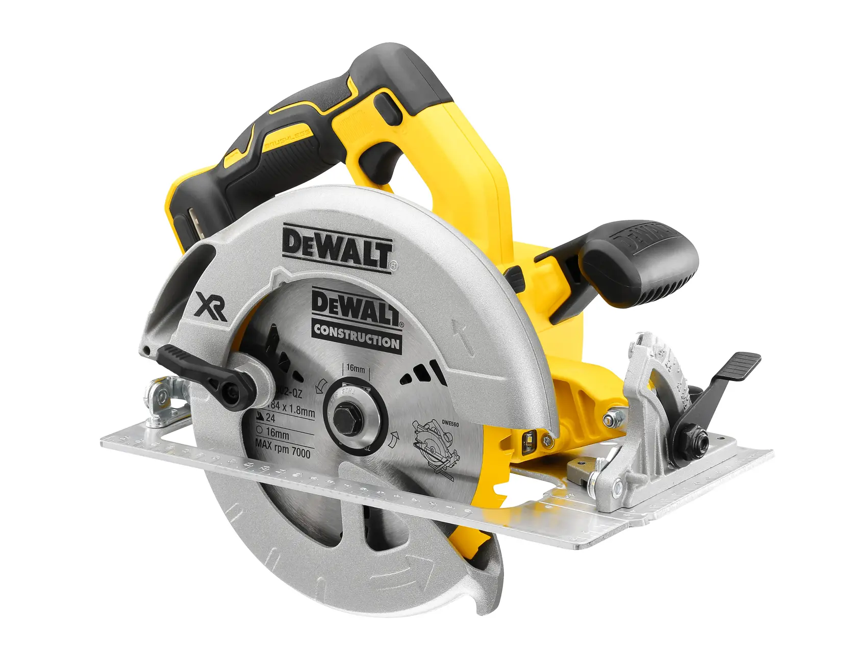 DEWALT circular saw, models DCS570N, DCS570NT-XJ, DCS570NT. Photography product image.