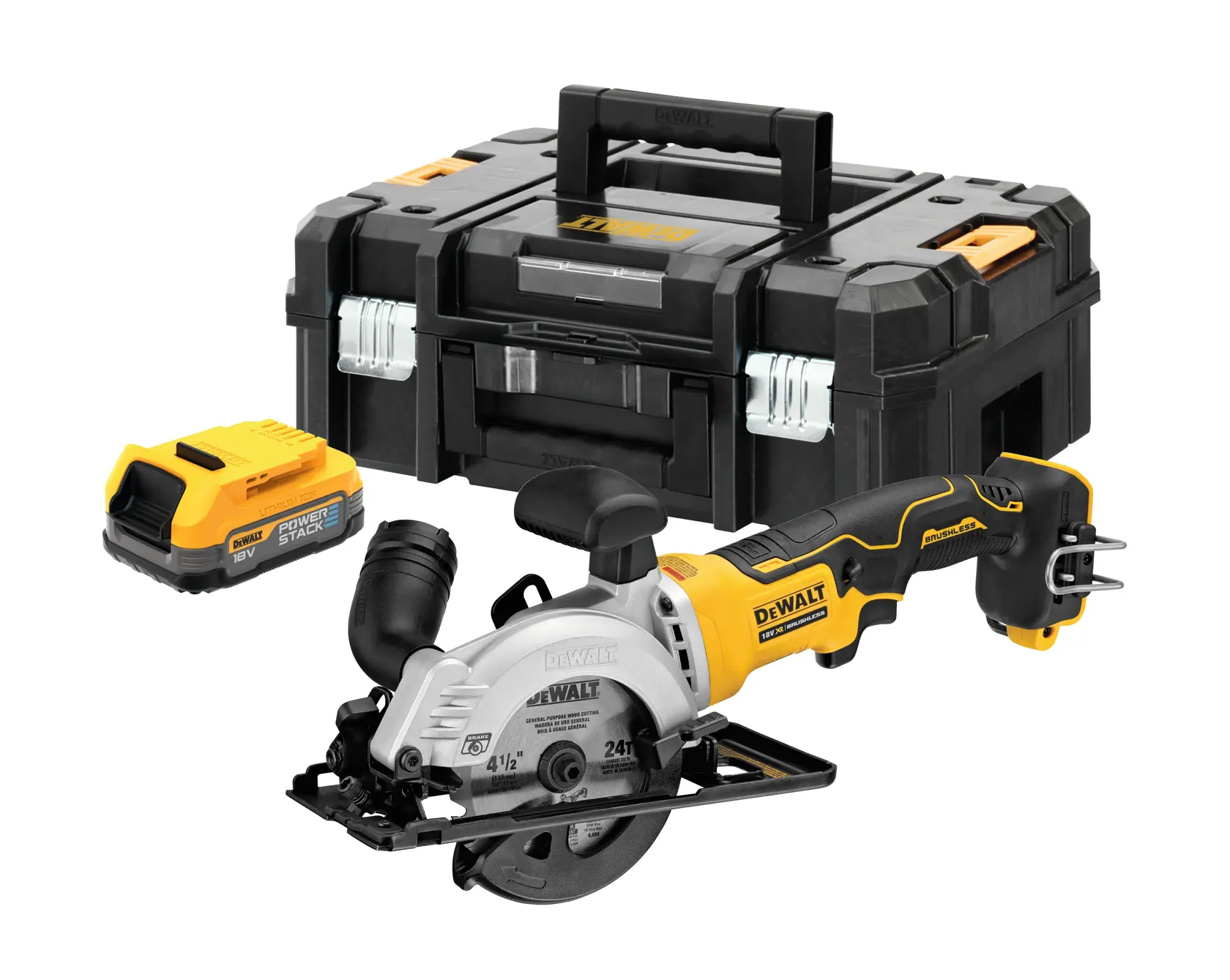 DEWALT cordless circular saw set with battery and storage case, shown on a white background.