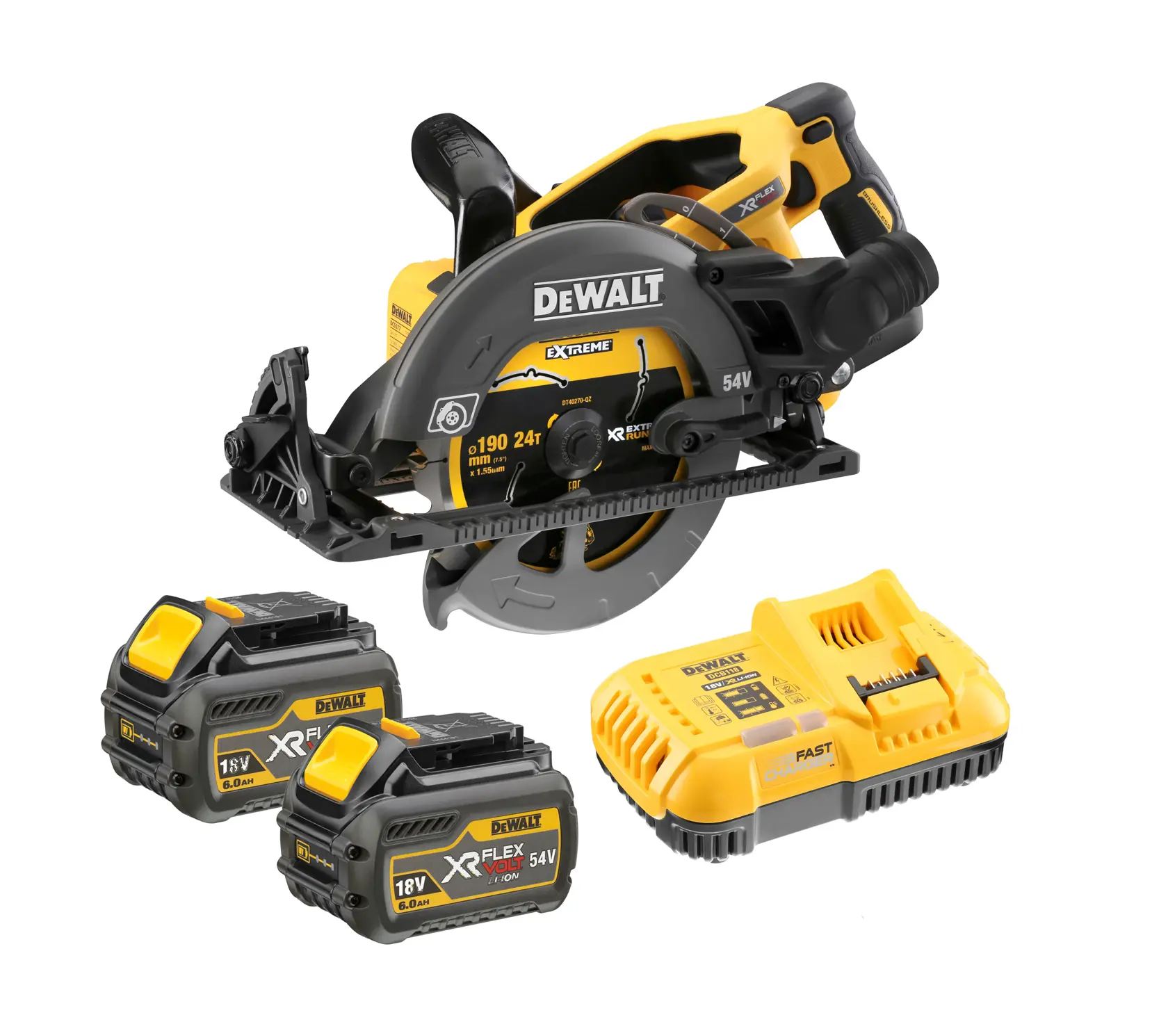 DEWALT cordless circular saw with two batteries and a charger, suitable for woodworking and construction tasks.