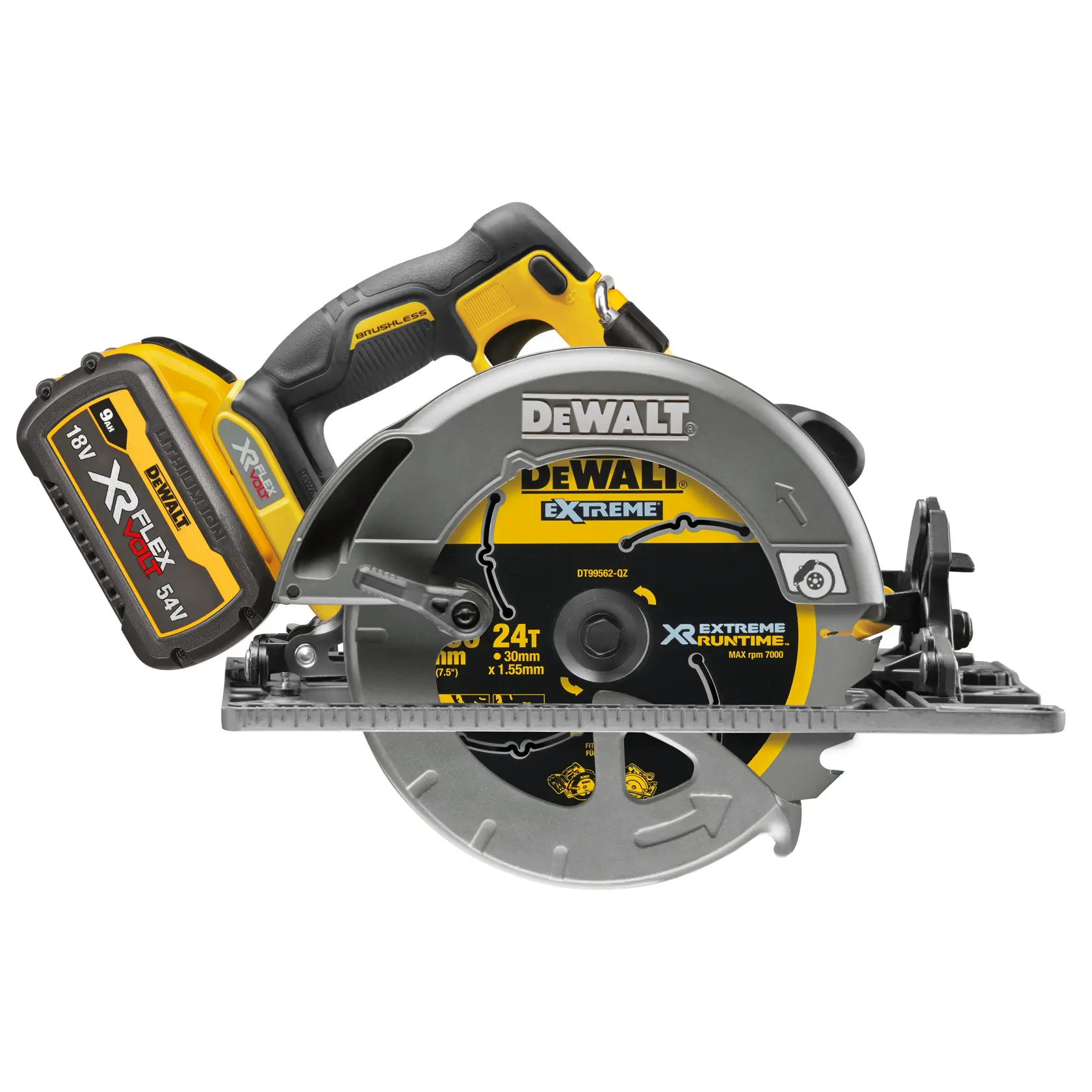 54V XR Flexvolt 190mm Cirkelzaag (compatibel met geleidingsrail) - 2x 9.0Ah accu's en snellader