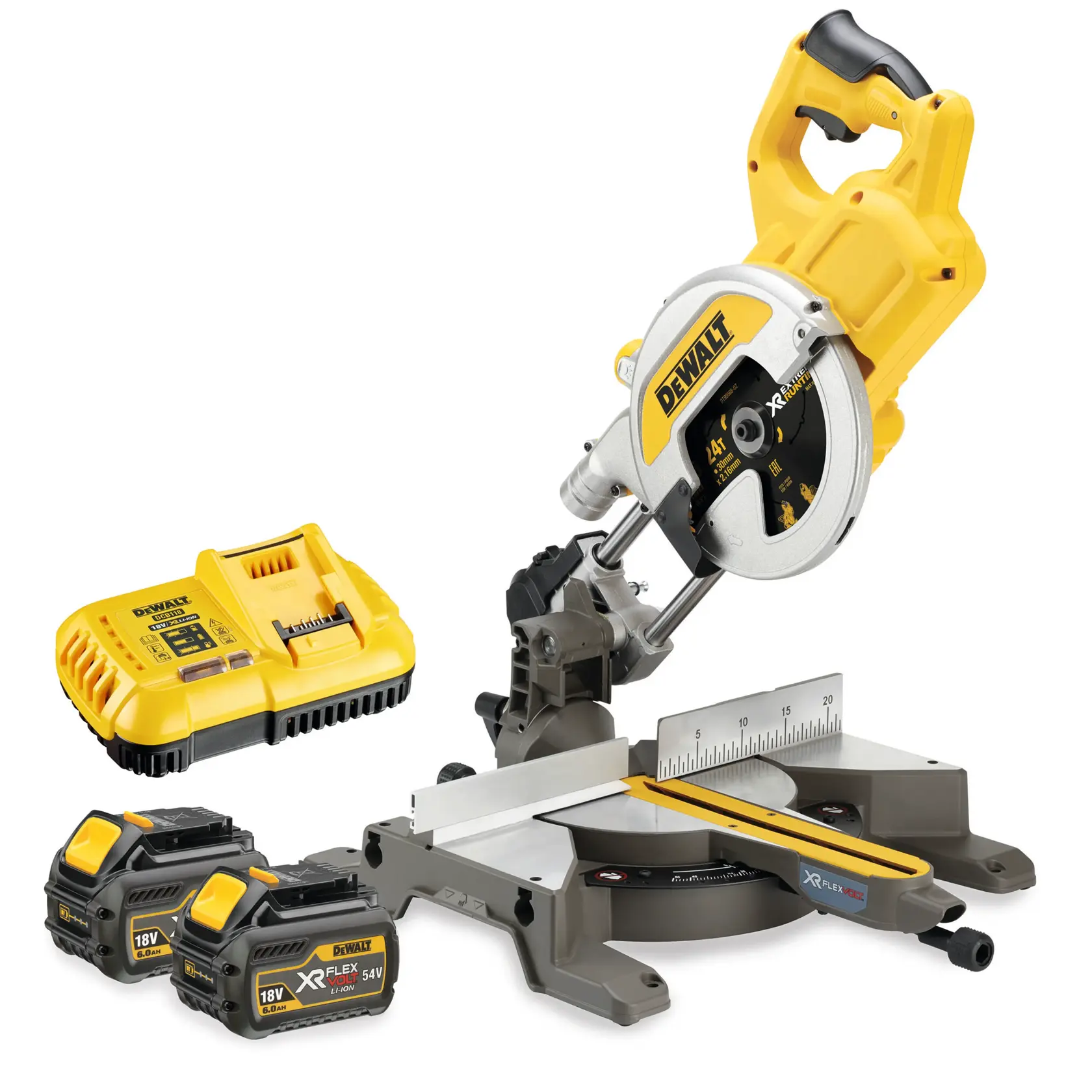 54V XR Flexvolt 216mm Afkort- en verstekzaag - 2x 6,0Ah accu en snellader