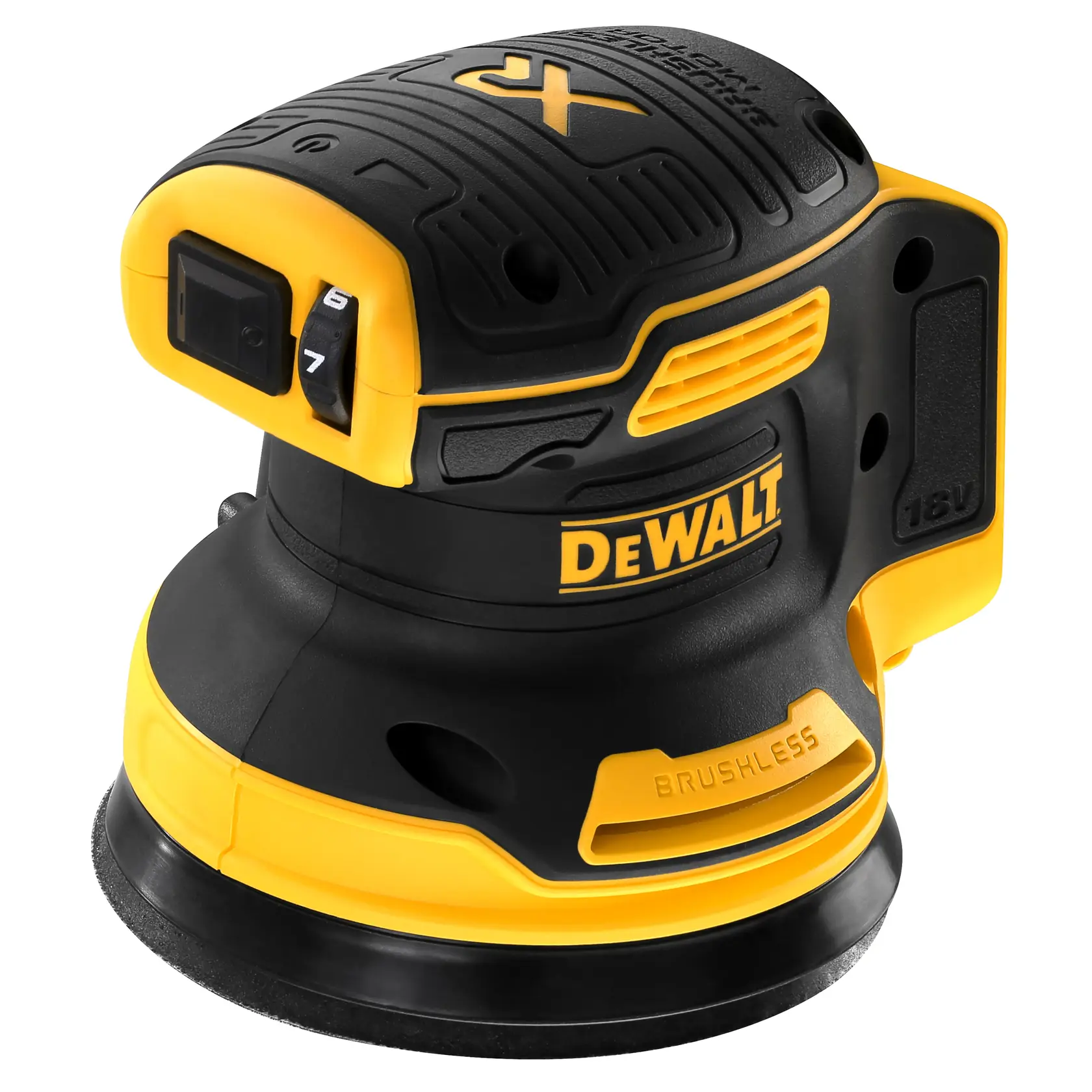 Photo of DEWALT cordless sander, black and yellow, SKUs DCW210N, DCW210N-XJ, side angle, white background.