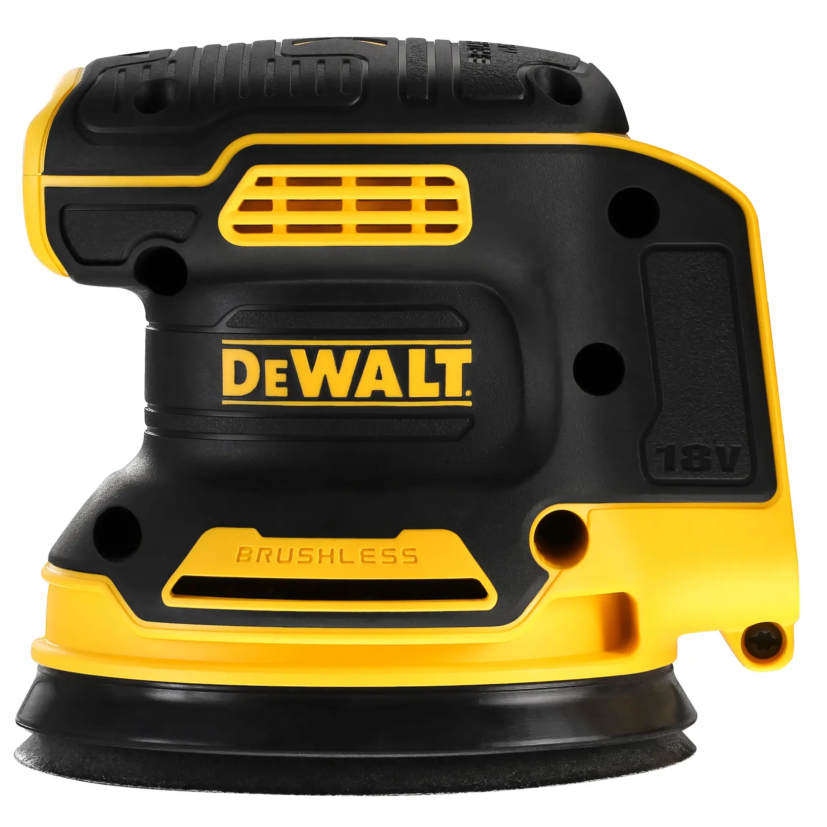 Photo of DEWALT cordless sander, SKUs DCW210N, DCW210N-XJ, black and yellow, side view on white background.
