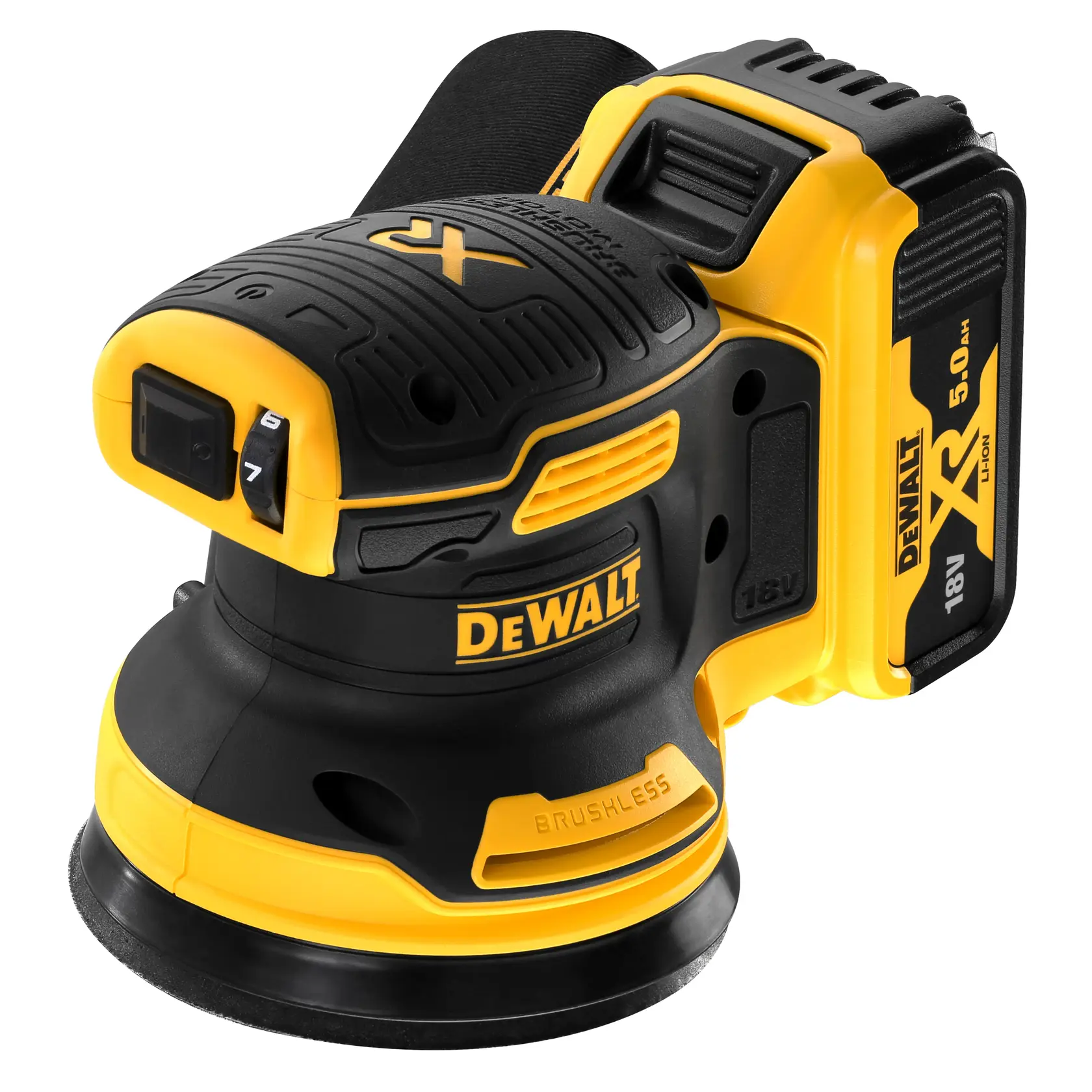 Photo of DEWALT DCW210P2 cordless random orbital sander, yellow and black, angled view on white background.