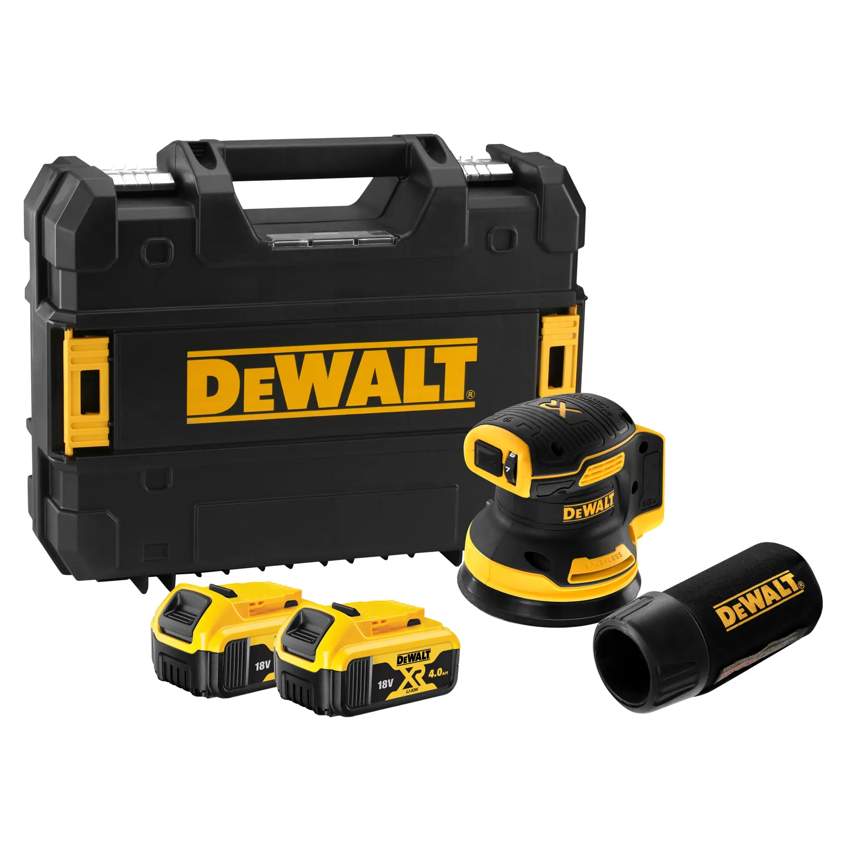 DEWALT DCW210P2 18V brushless cordless sander with XR 5.0 Ah battery in black and yellow.
