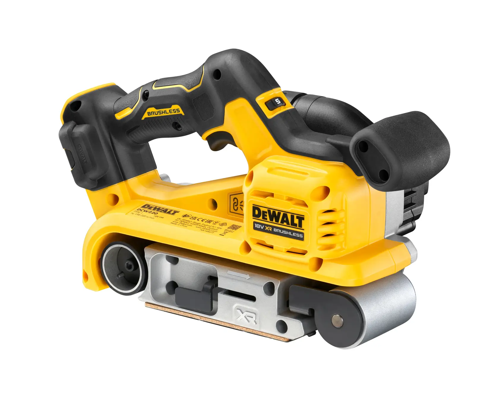DEWALT 18V XR cordless belt sander, yellow and black, with ergonomic handle, shown on a white background.
