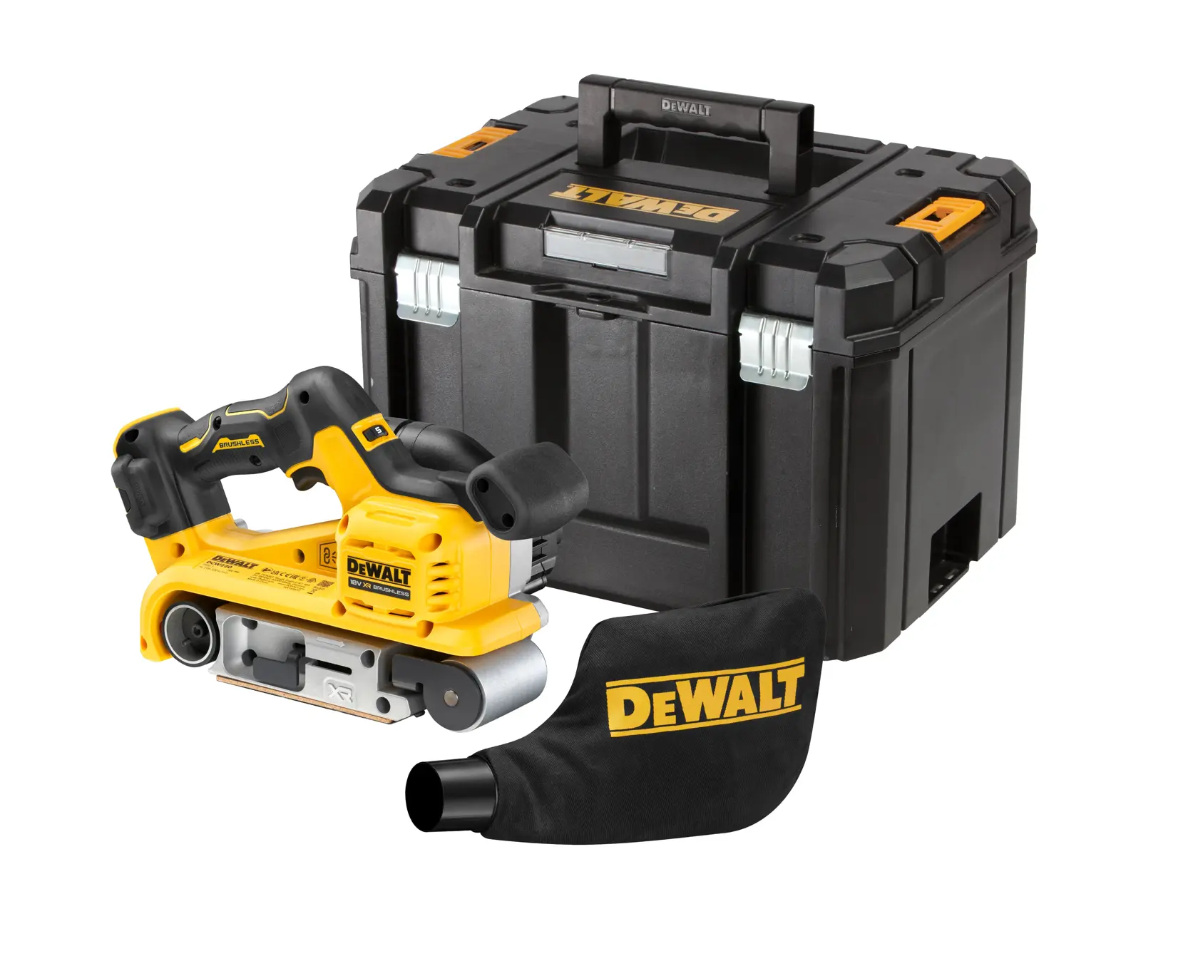 DEWALT cordless belt sander with black case and dust bag, all placed on a white background.