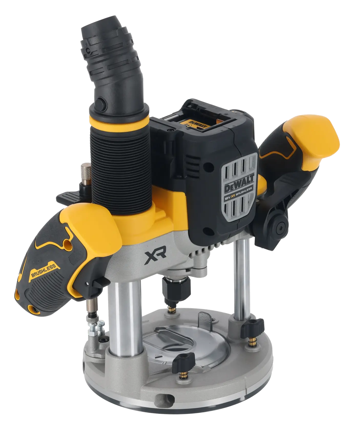 DEWALT DCW620NT plunge router front angle, yellow and black, cordless, brushless model on white background.